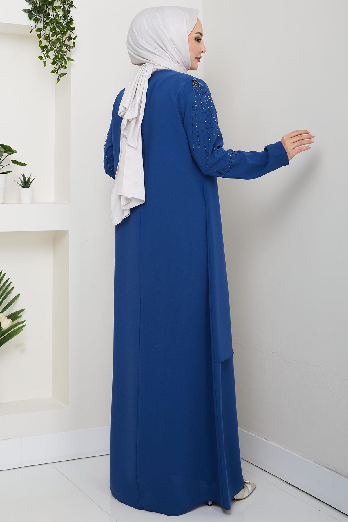 Büyük Beden Boncuklu Taşlı Anne Elbisesi İndigo HM2693