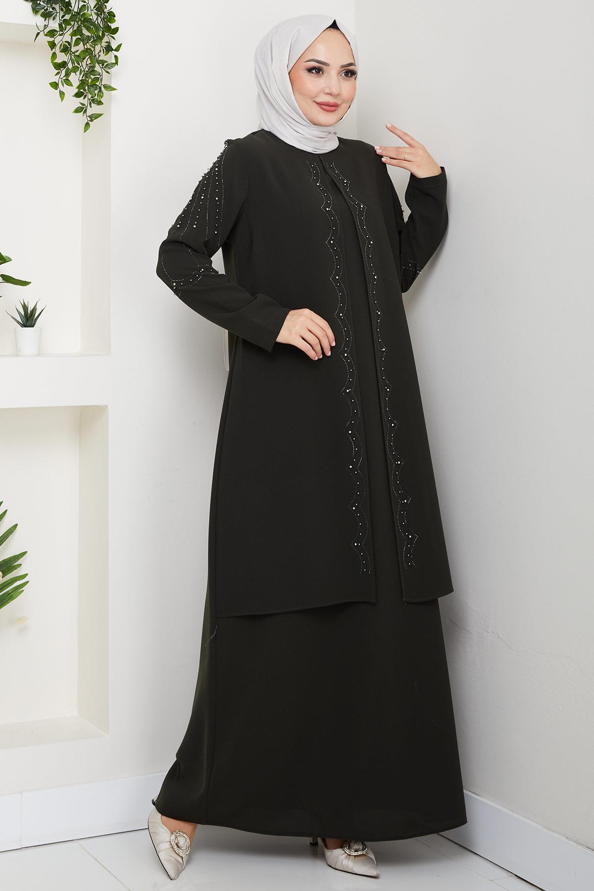 Büyük Beden Boncuklu Taşlı Anne Elbisesi Haki HM2693