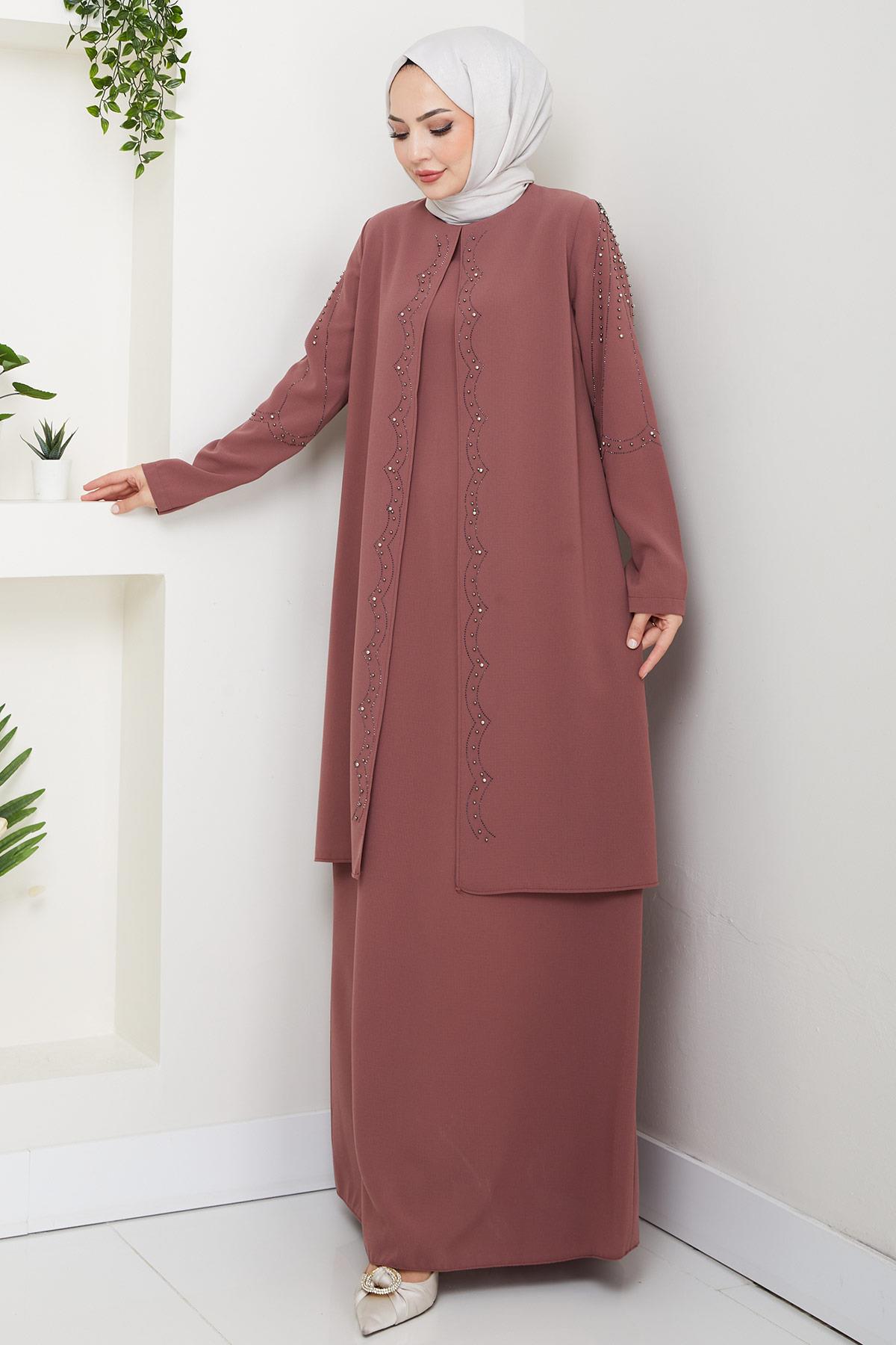 Büyük Beden Boncuklu Taşlı Anne Elbisesi Kiremit HM2693