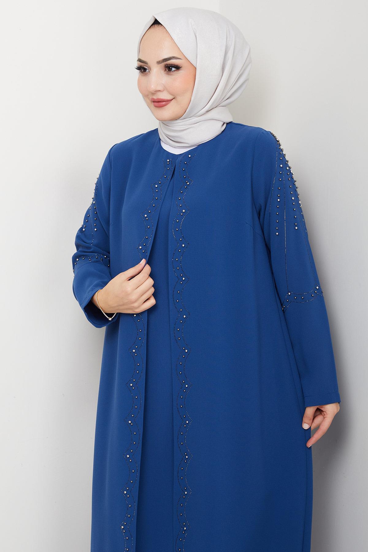 Büyük Beden Boncuklu Taşlı Anne Elbisesi İndigo HM2693