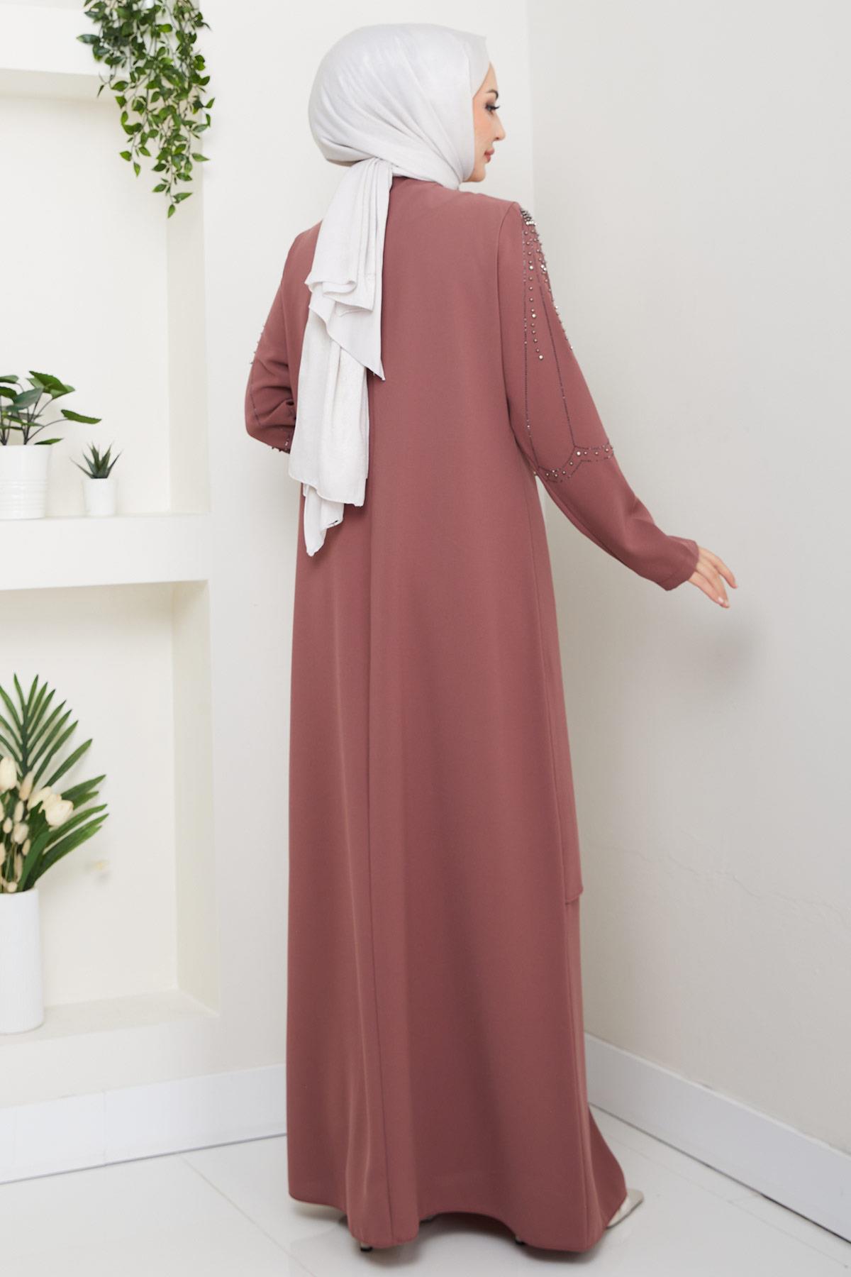 Büyük Beden Boncuklu Taşlı Anne Elbisesi Kiremit HM2693