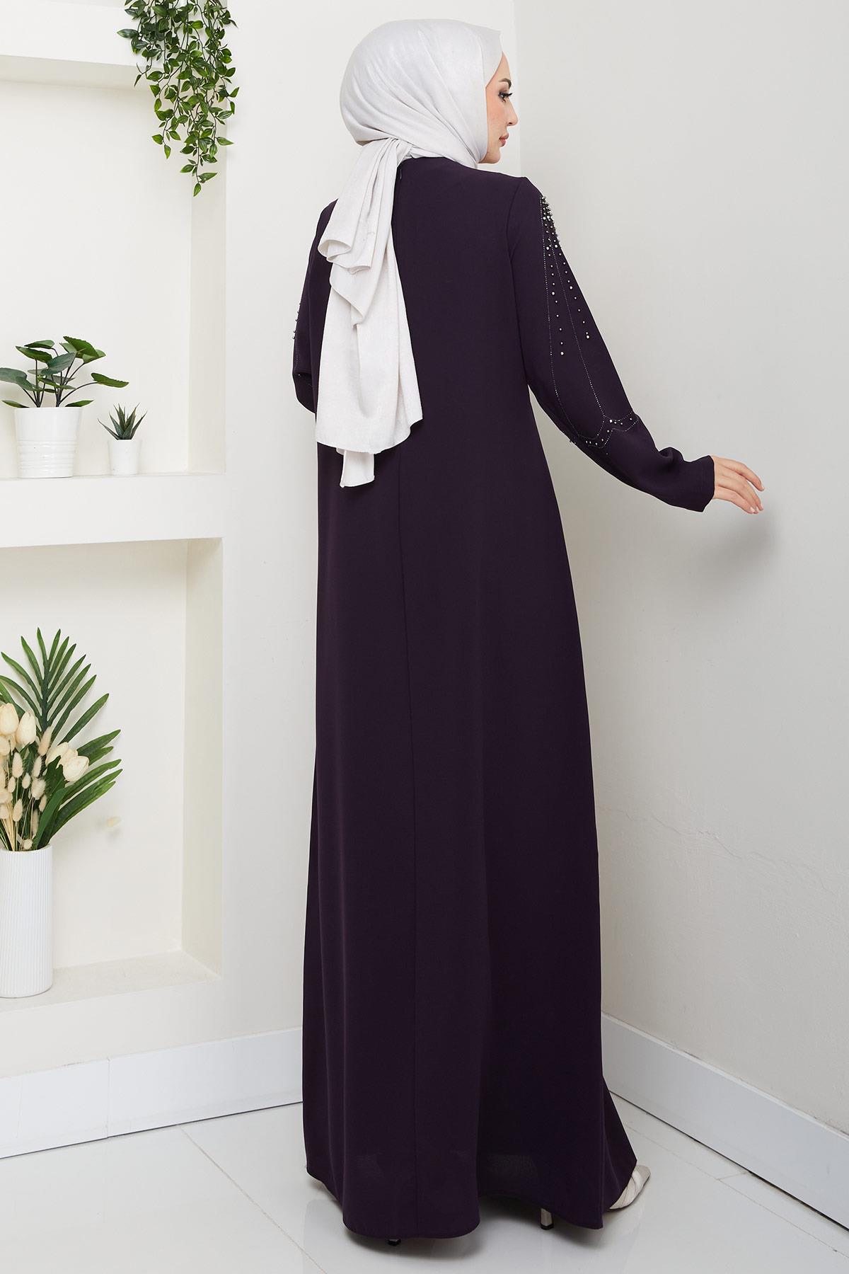 Büyük Beden Boncuklu Taşlı Anne Elbisesi Mor HM2693