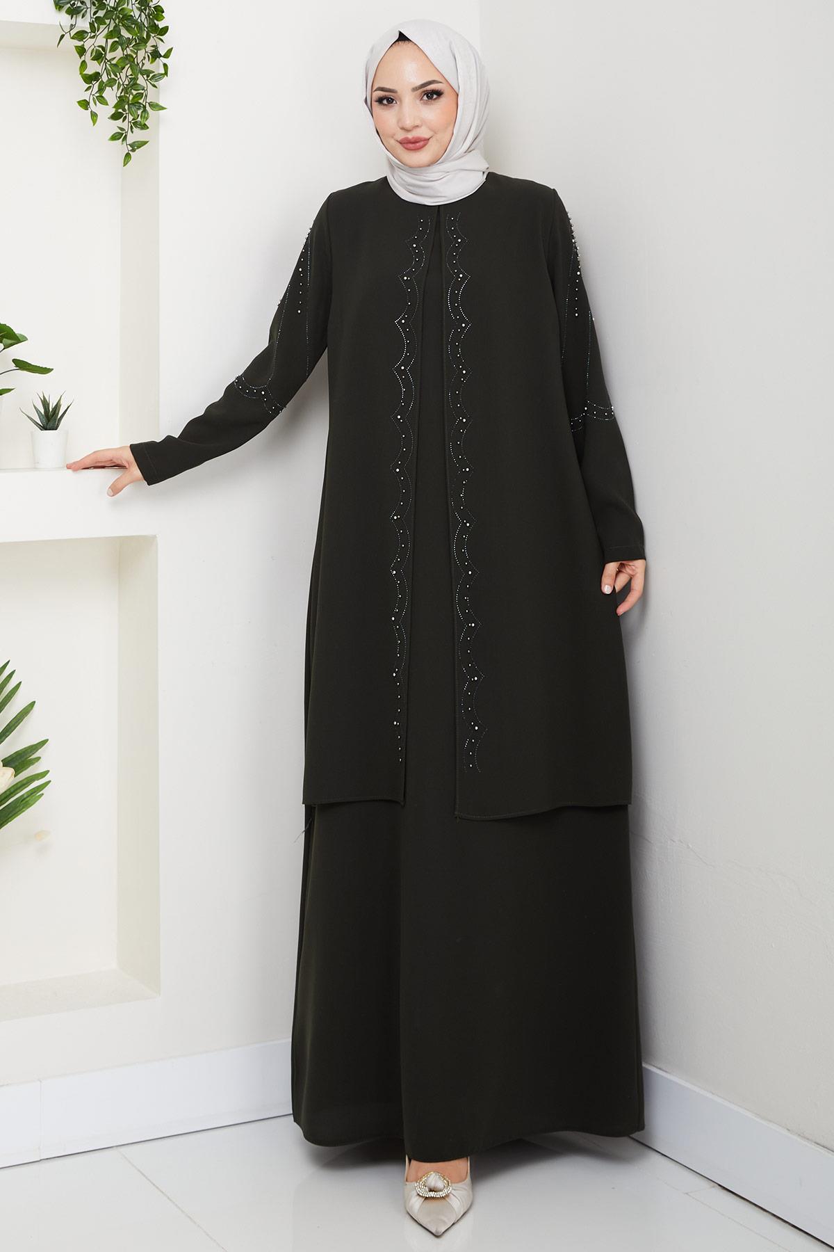 Büyük Beden Boncuklu Taşlı Anne Elbisesi Haki HM2693