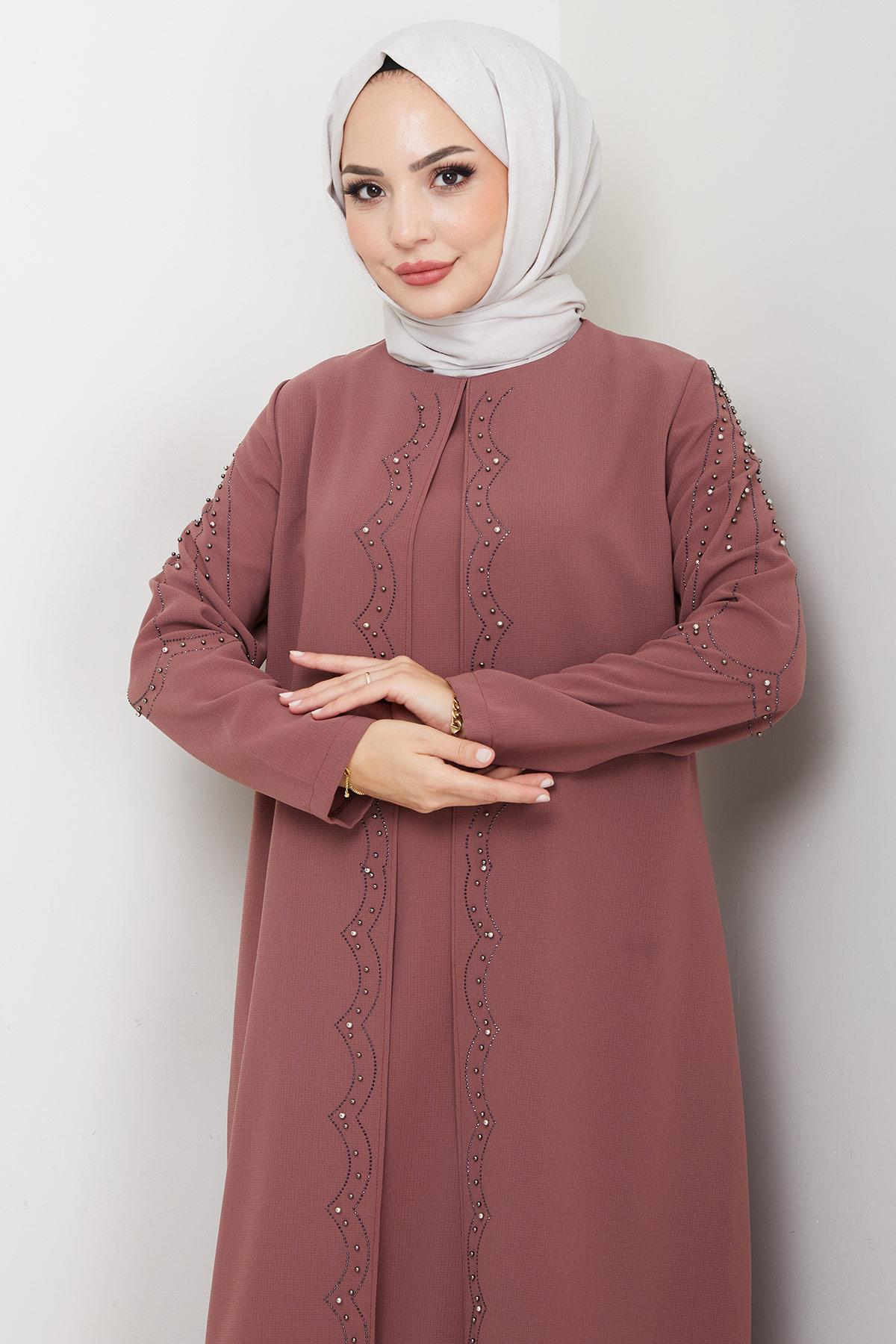 Büyük Beden Boncuklu Taşlı Anne Elbisesi Kiremit HM2693