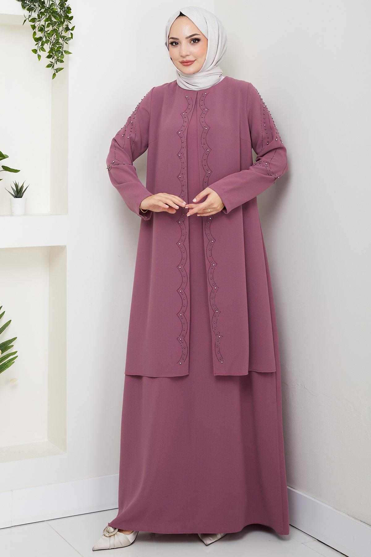 Büyük Beden Boncuklu Taşlı Anne Elbisesi Gül Kurusu HM2693