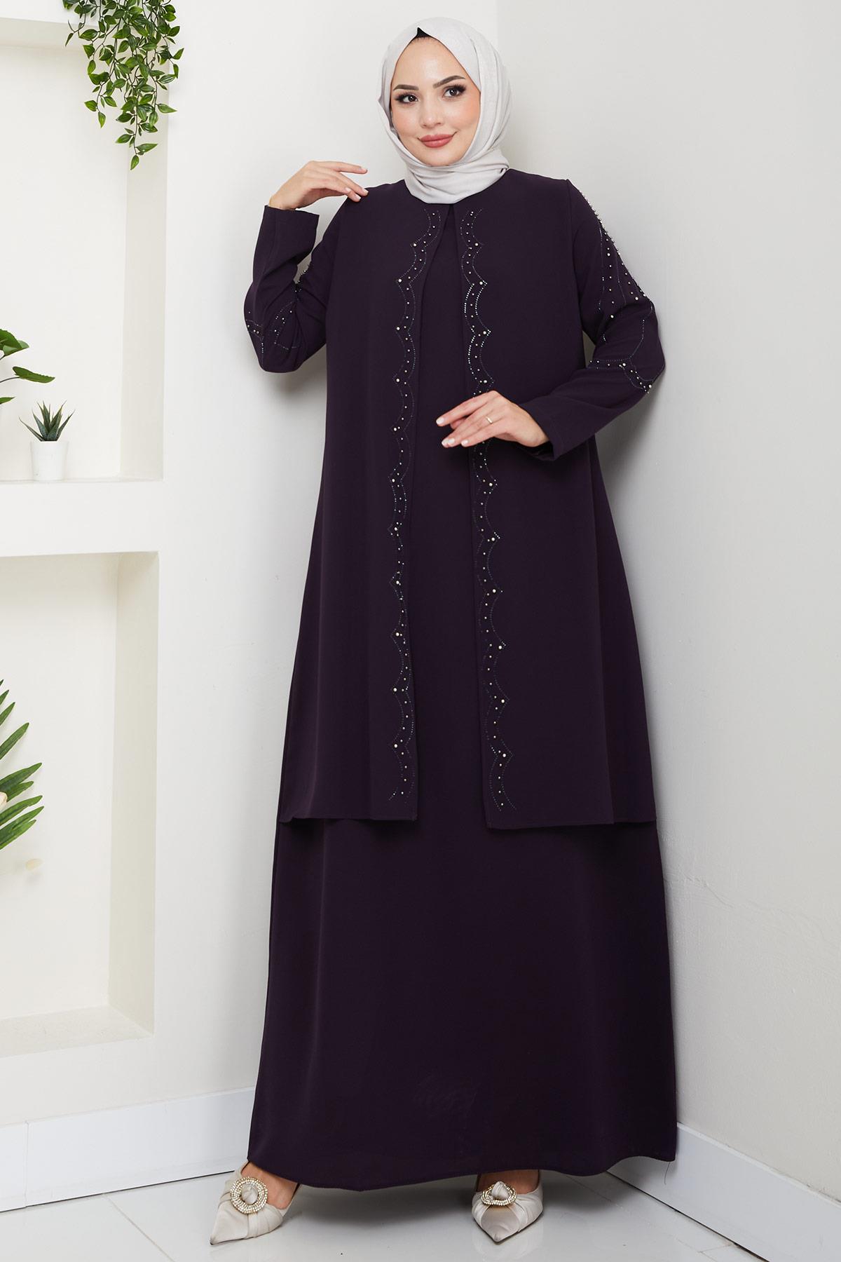 Büyük Beden Boncuklu Taşlı Anne Elbisesi Mor HM2693