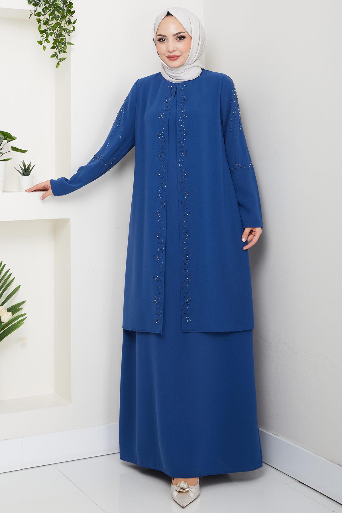 Büyük Beden Boncuklu Taşlı Anne Elbisesi İndigo HM2693