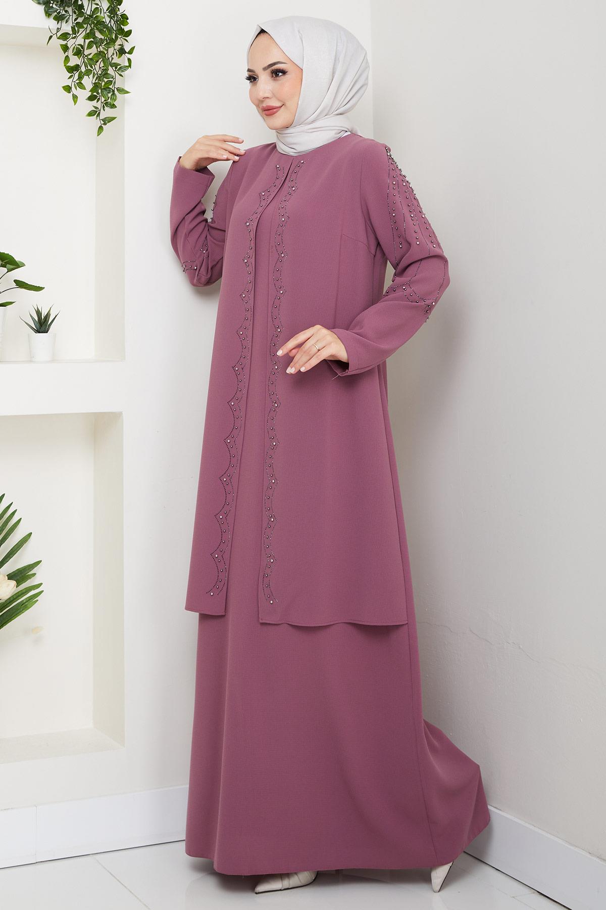 Büyük Beden Boncuklu Taşlı Anne Elbisesi Gül Kurusu HM2693