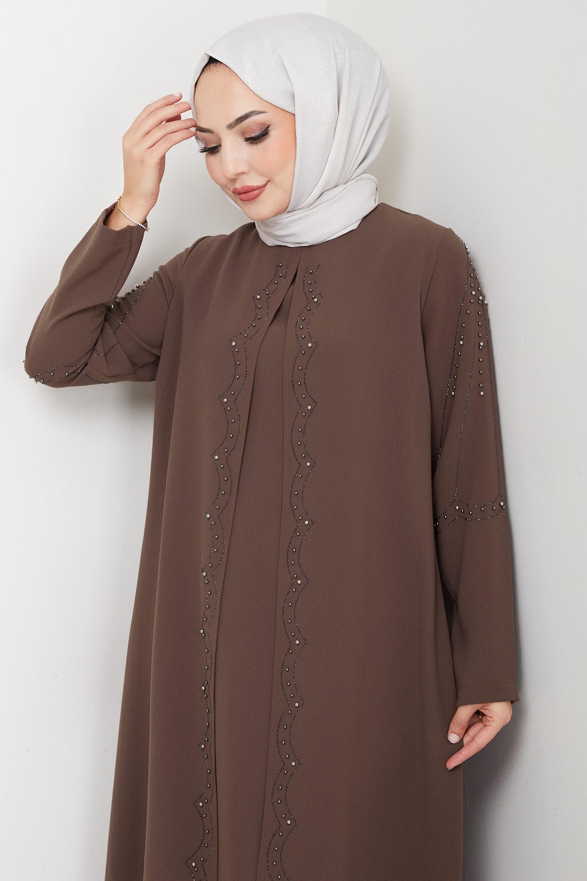 Büyük Beden Boncuklu Taşlı Anne Elbisesi Kahverengi HM2693