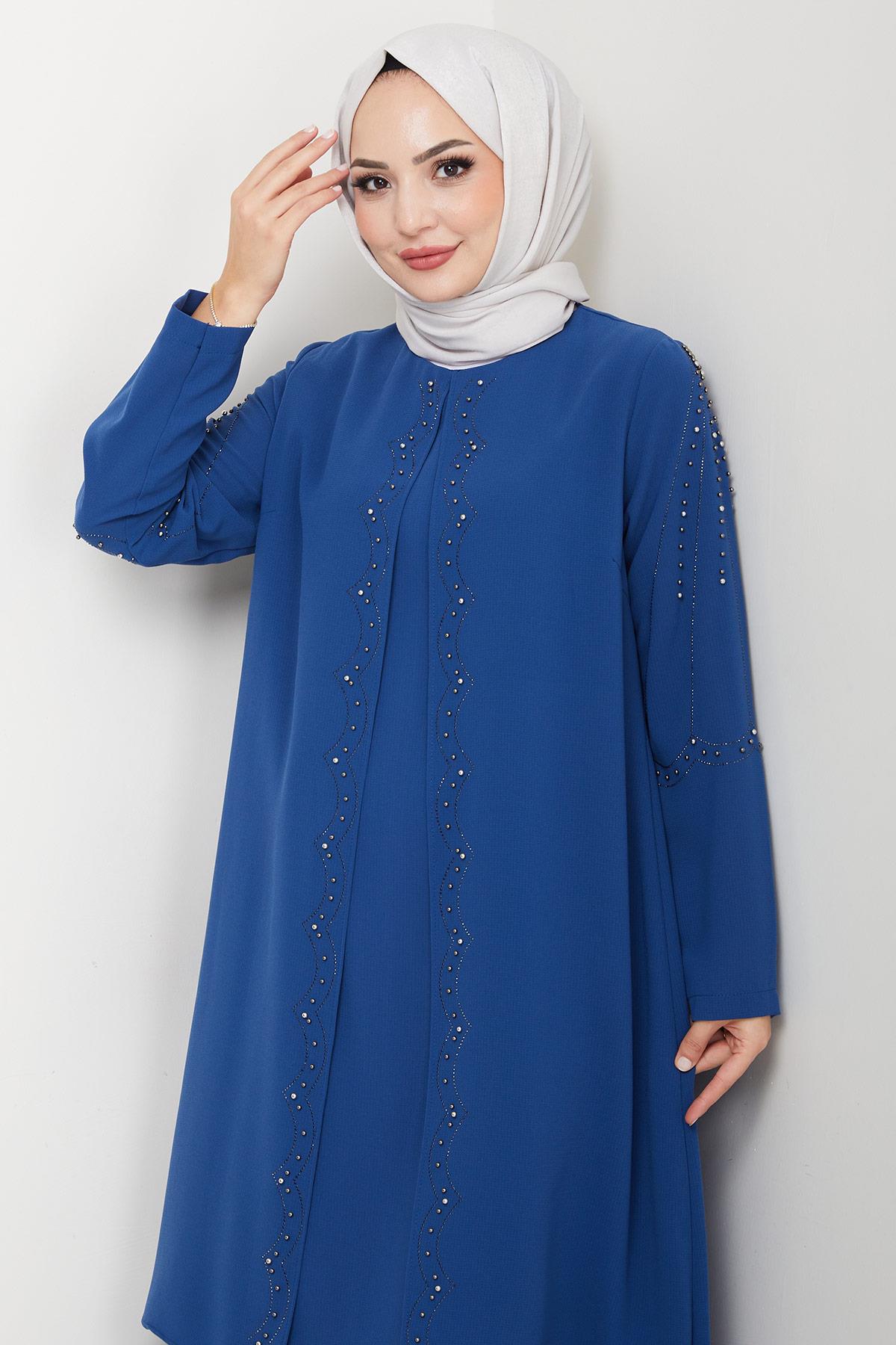 Büyük Beden Boncuklu Taşlı Anne Elbisesi İndigo HM2693