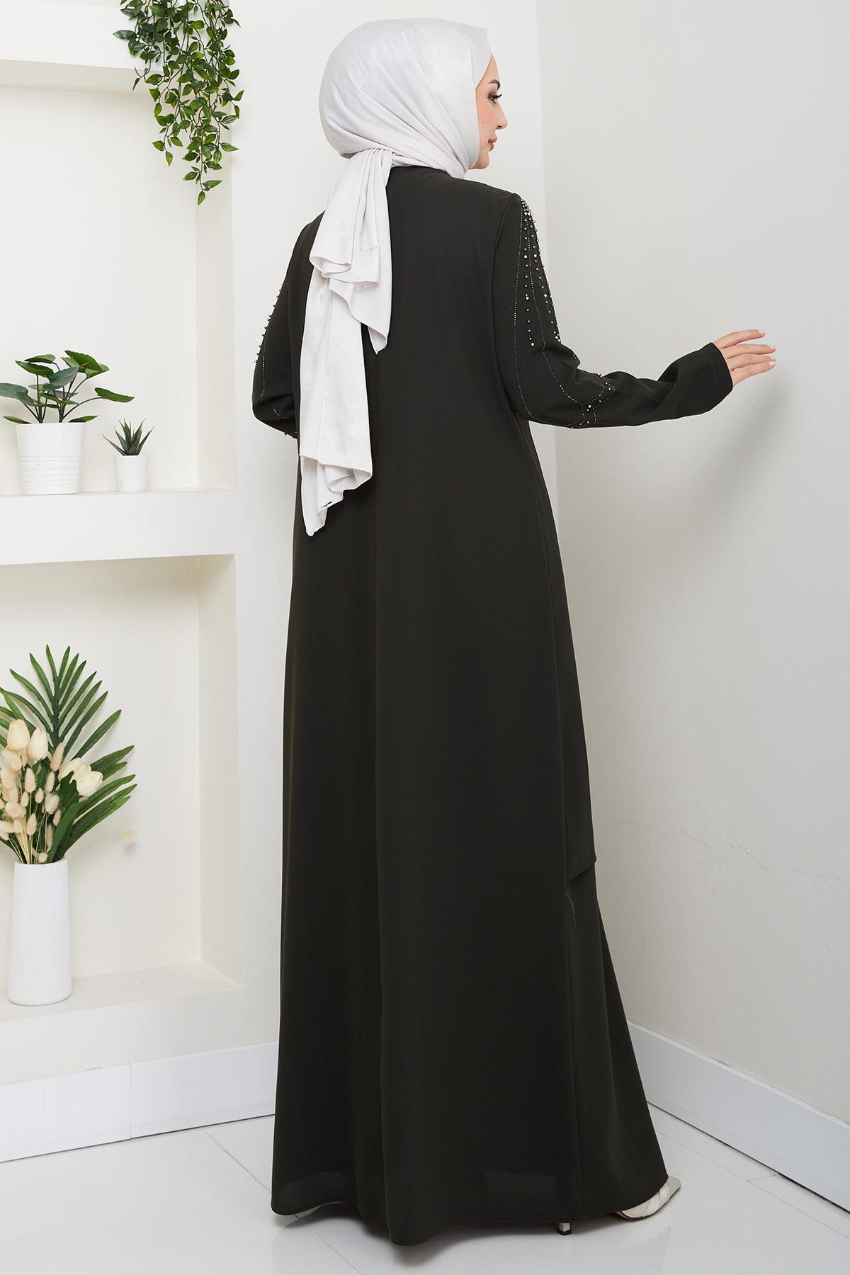 Büyük Beden Boncuklu Taşlı Anne Elbisesi Haki HM2693