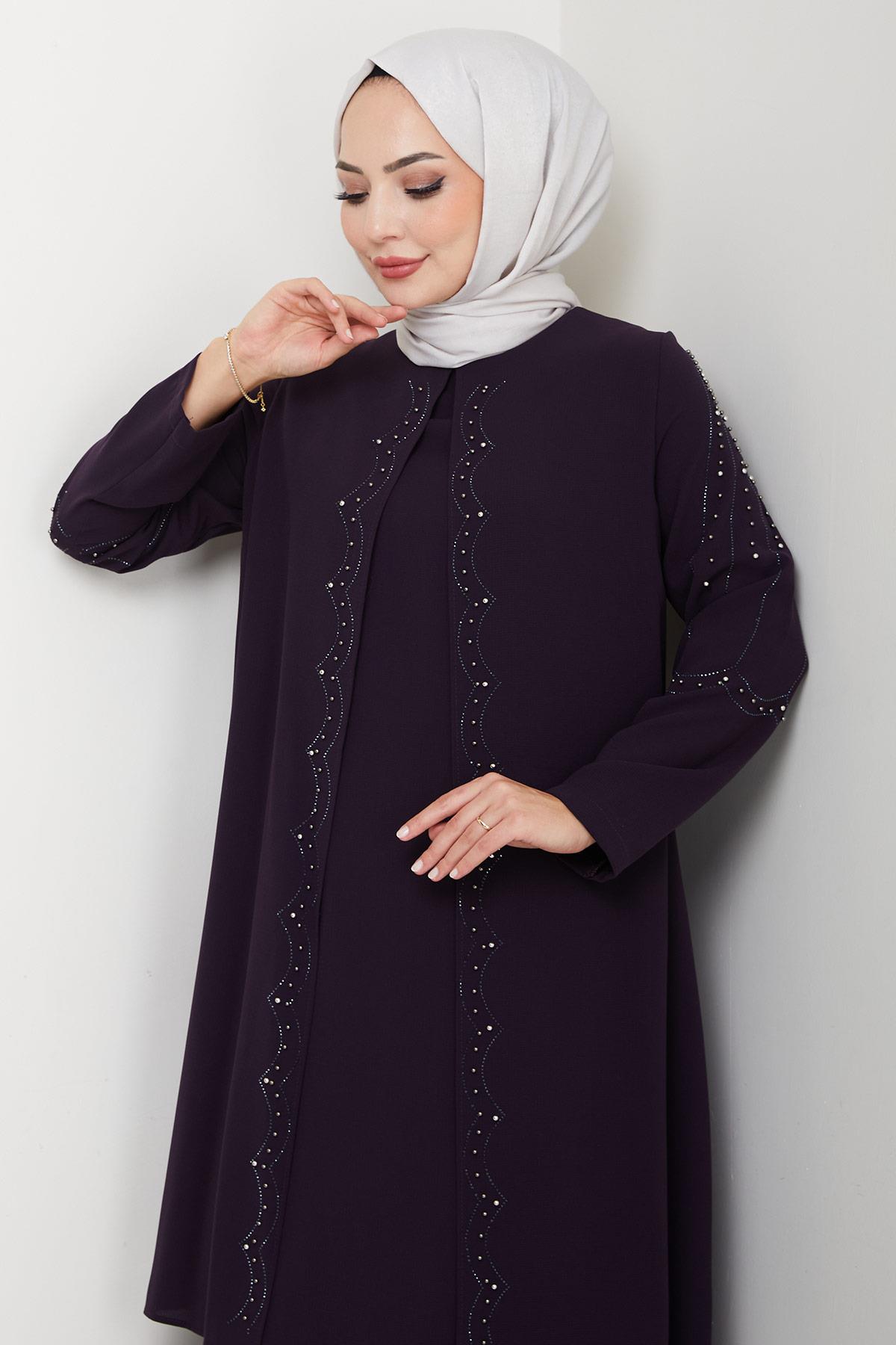 Büyük Beden Boncuklu Taşlı Anne Elbisesi Mor HM2693
