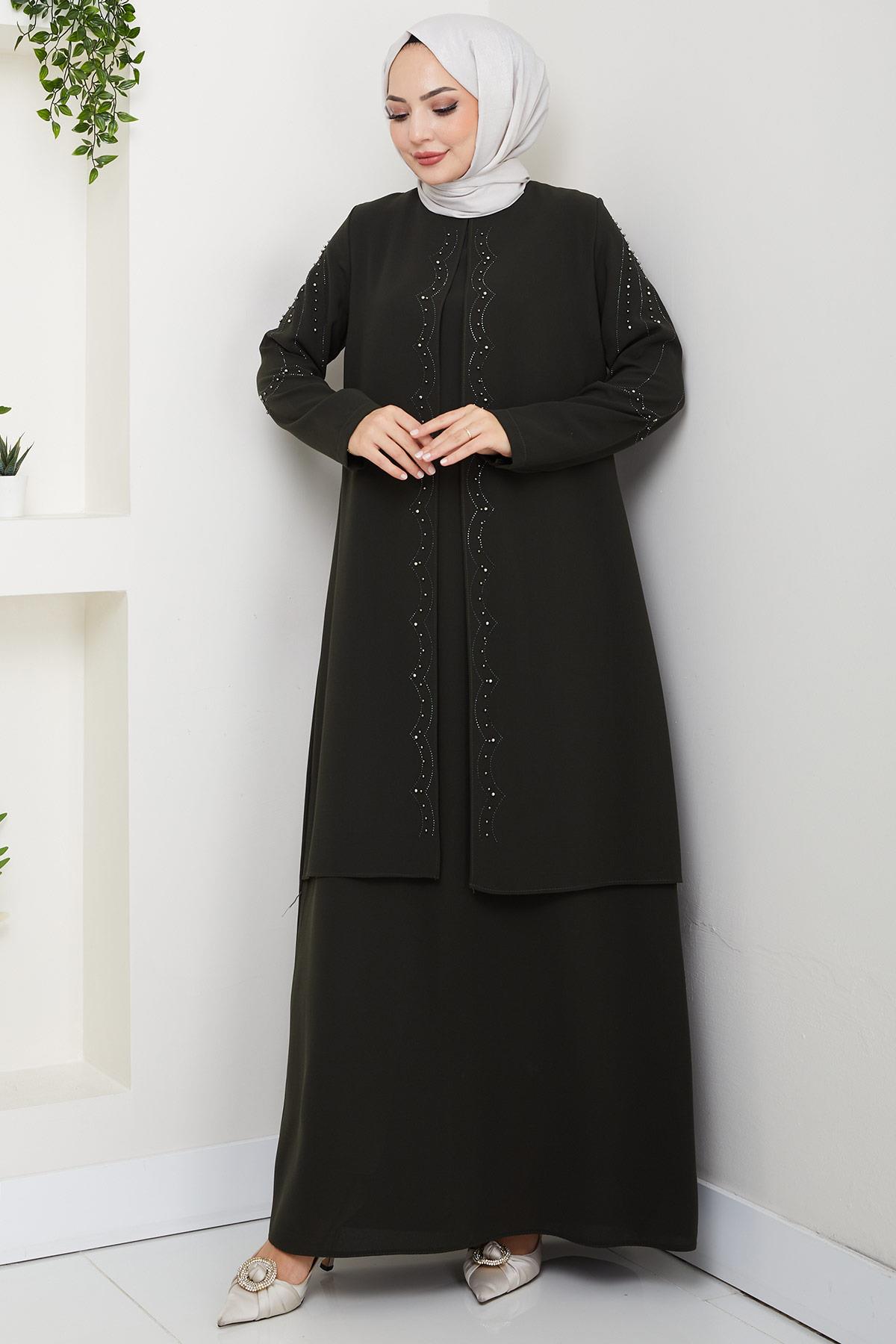 Büyük Beden Boncuklu Taşlı Anne Elbisesi Haki HM2693