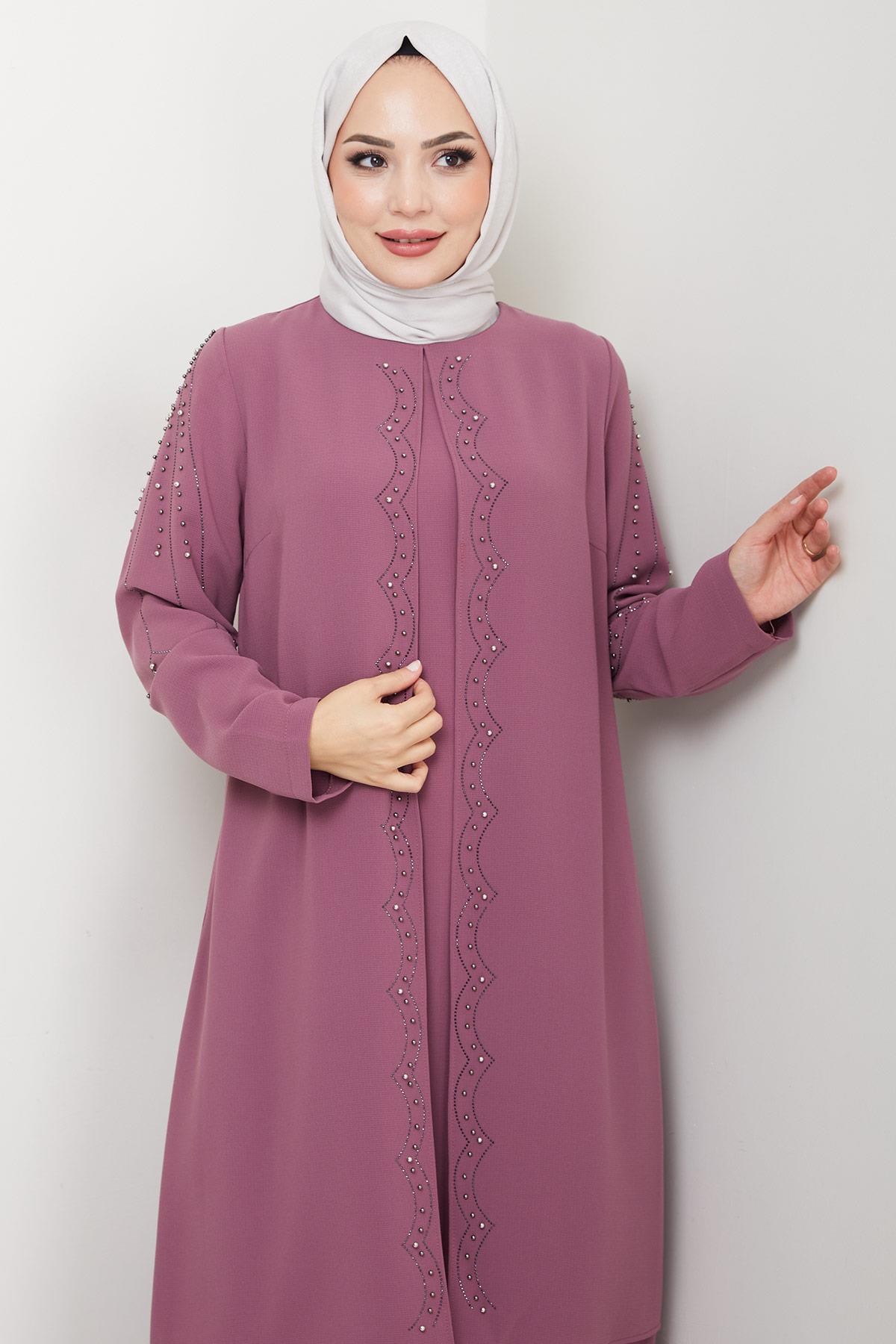 Büyük Beden Boncuklu Taşlı Anne Elbisesi Gül Kurusu HM2693