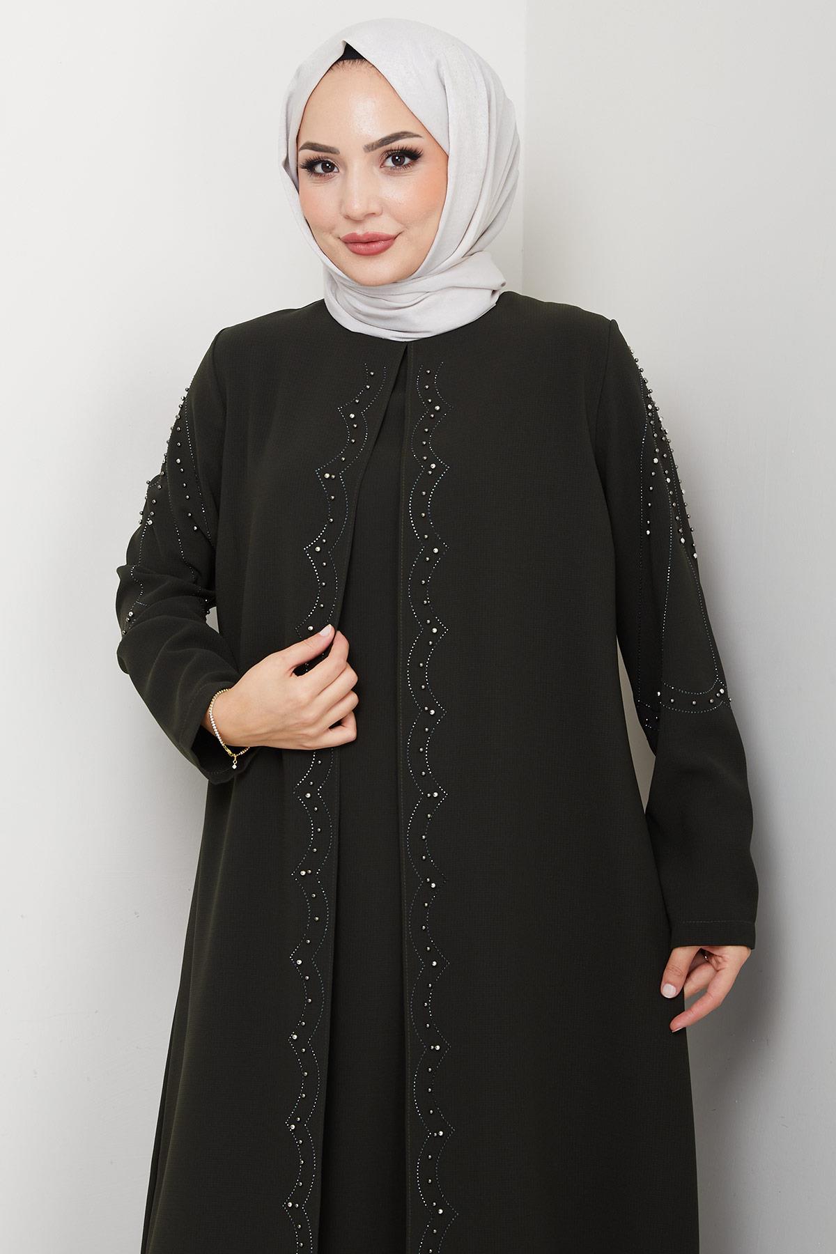 Büyük Beden Boncuklu Taşlı Anne Elbisesi Haki HM2693