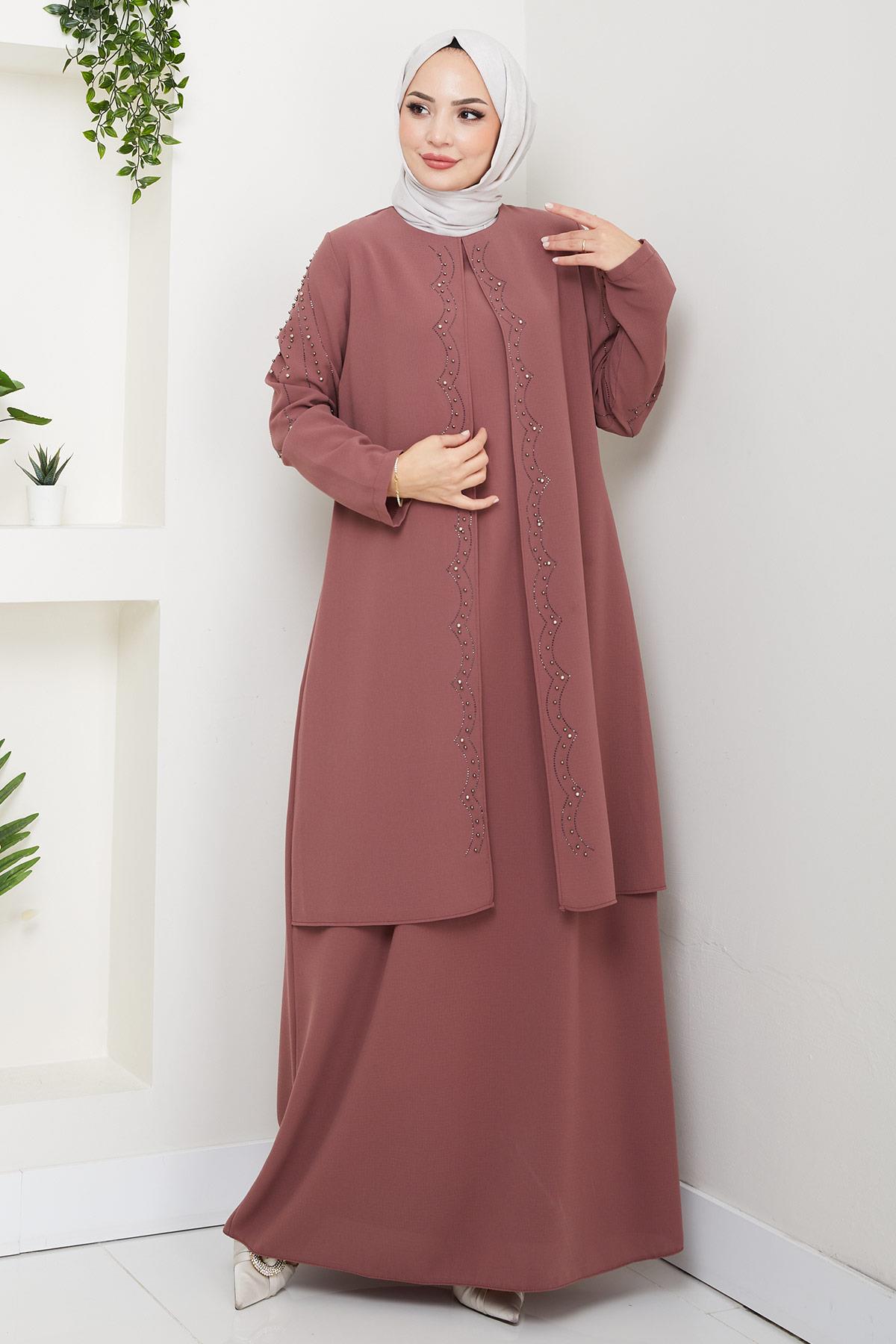 Büyük Beden Boncuklu Taşlı Anne Elbisesi Kiremit HM2693