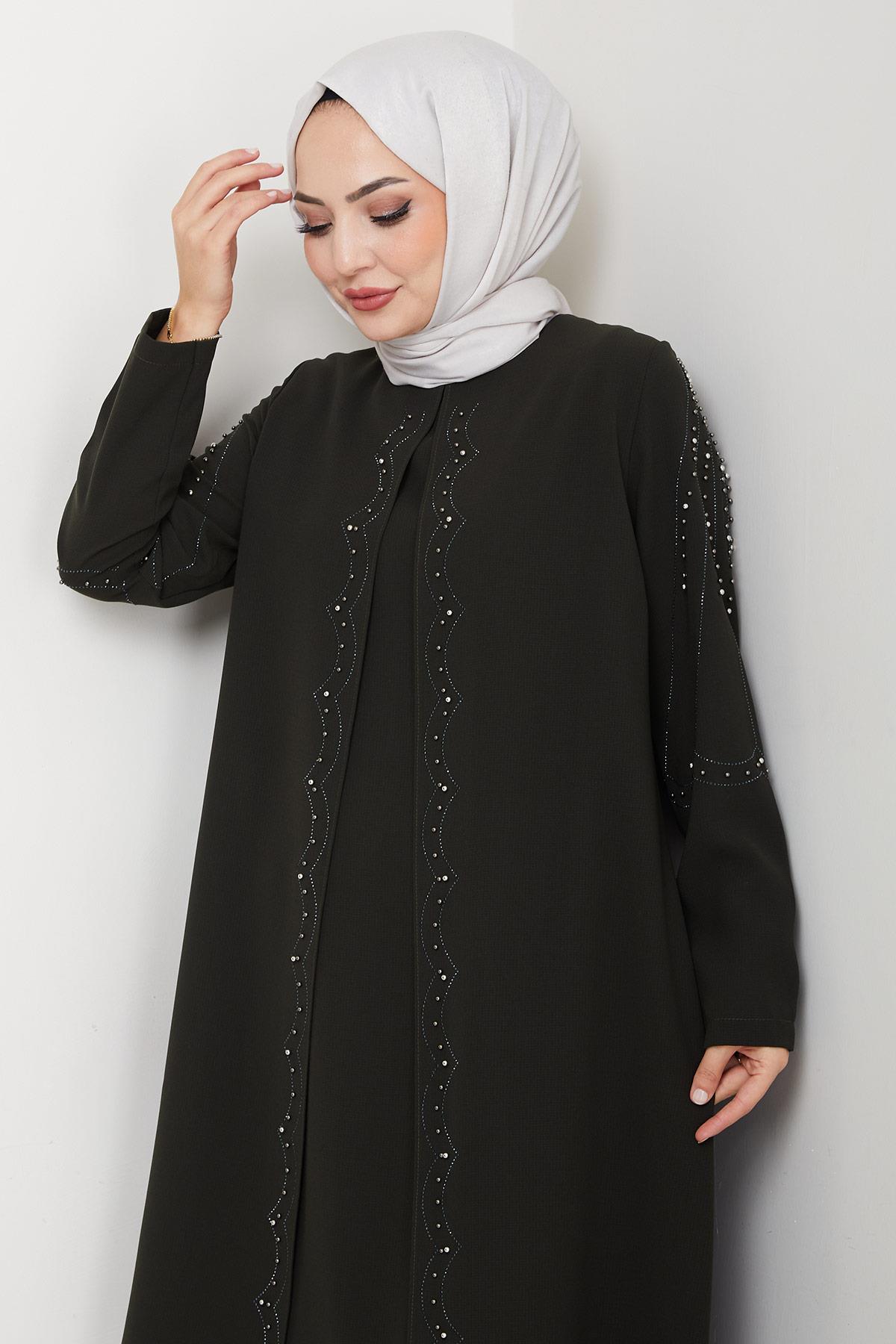 Büyük Beden Boncuklu Taşlı Anne Elbisesi Haki HM2693