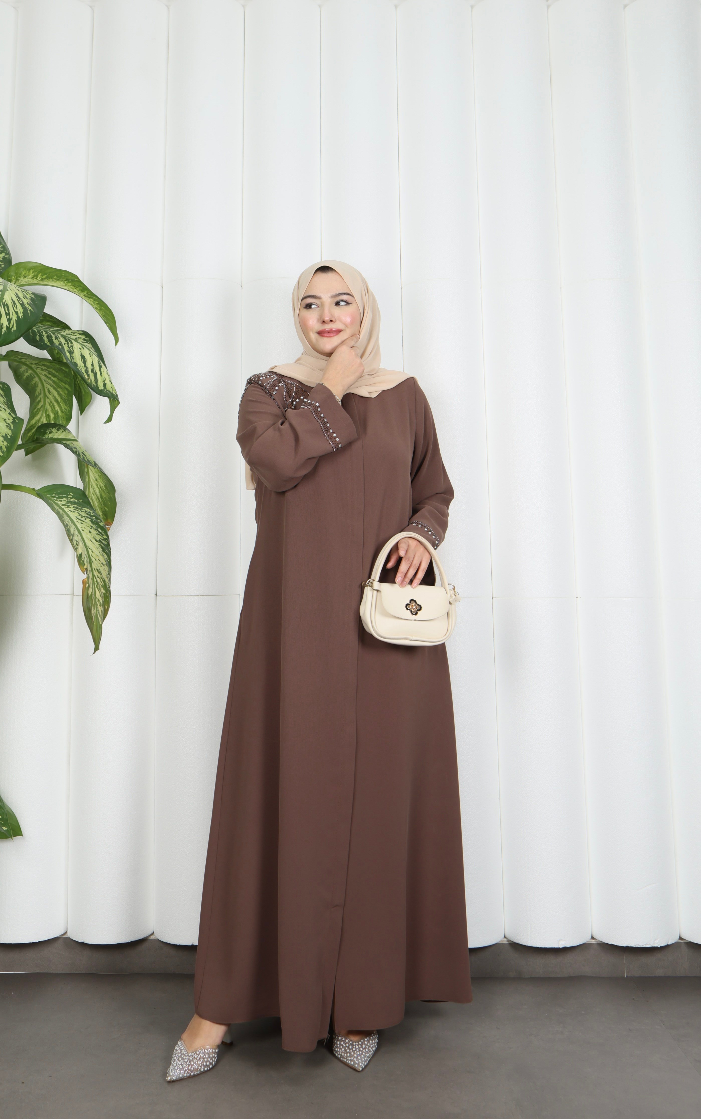 Büyük Beden Omuz Taş İşlemeli  Anne  Elbise Pudra HNT1002
