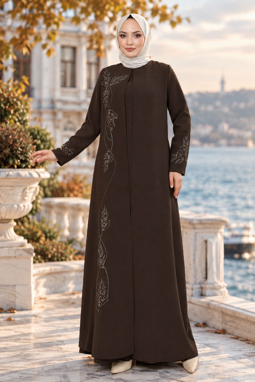 Büyük Beden Yaprak Taşlı Anne Elbisesi Acı Kahve HM2350