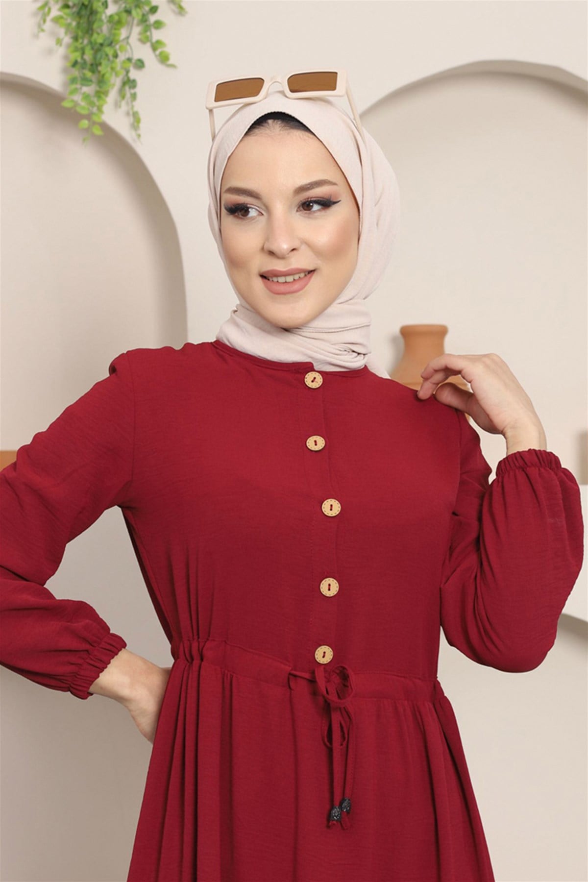 Büzgülü Düğmeli Aerobin Elbise Bordo