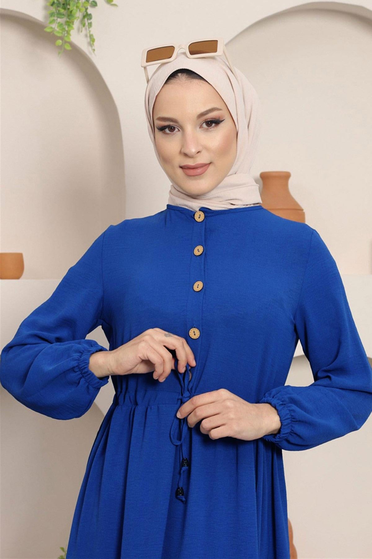 Büzgülü Düğmeli Ayrobin Elbise Saks HM8811