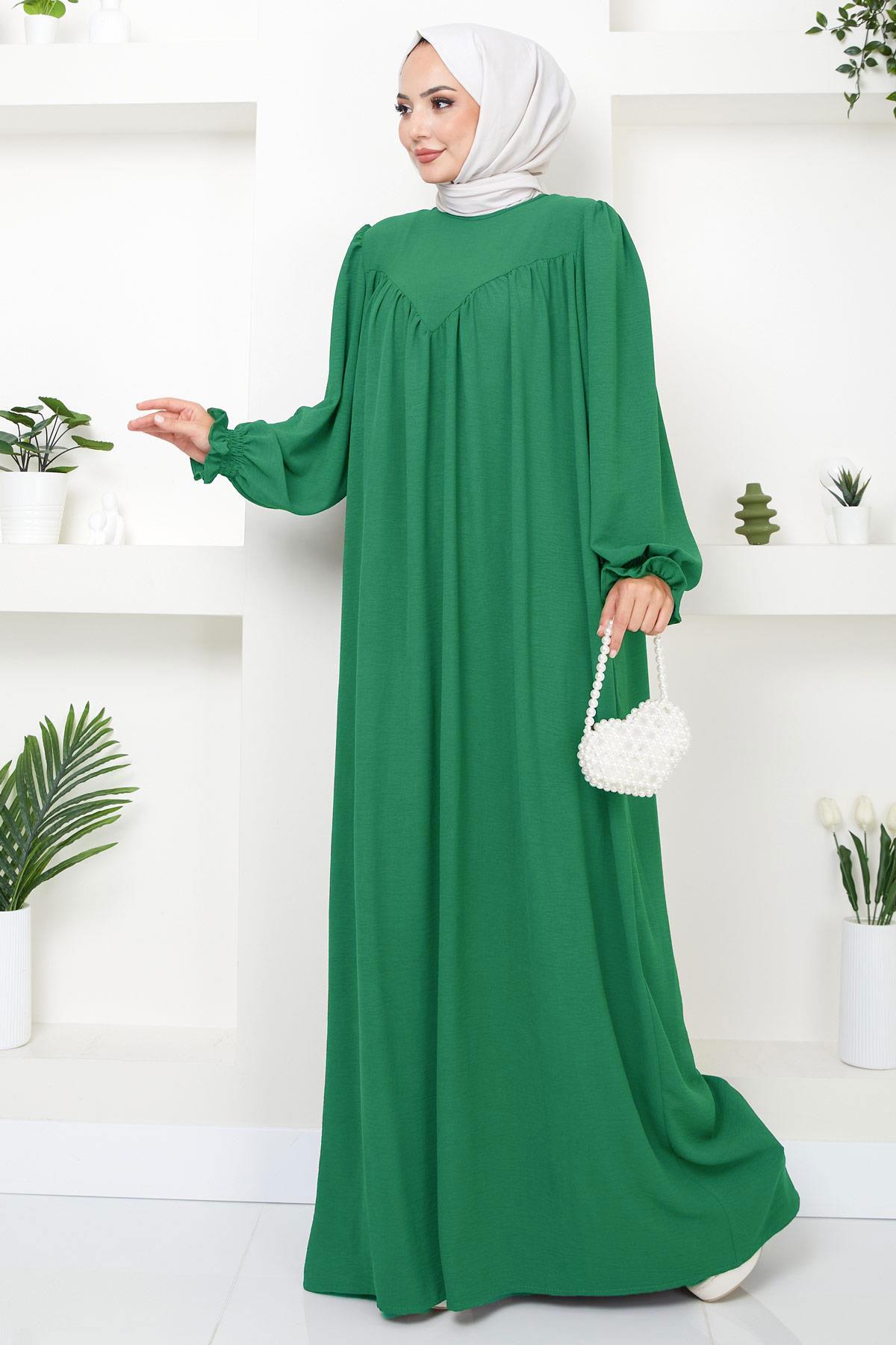 Büzgülü Robalı Elbise Yeşil HM2501