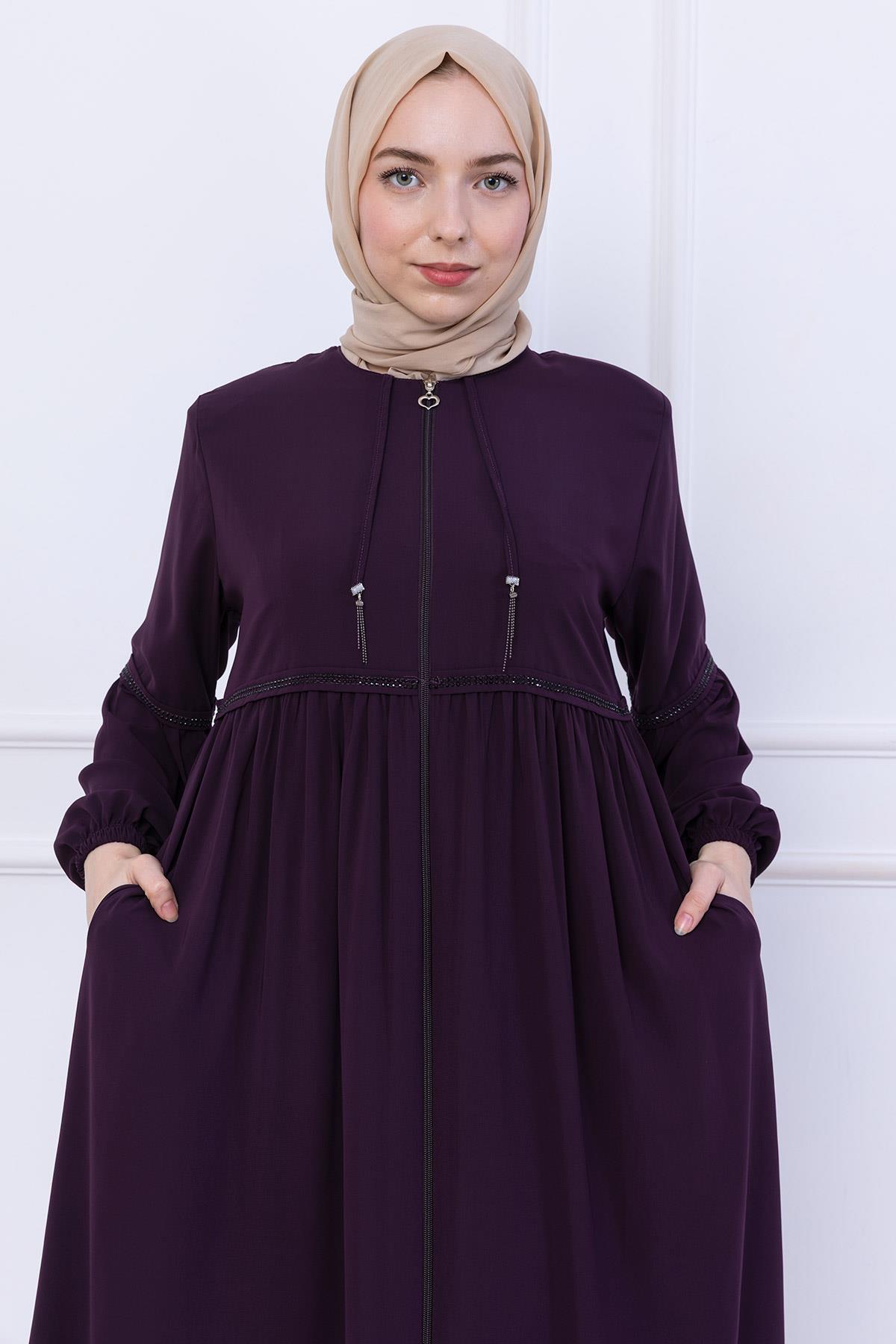 Büzgülü Taşlı Ferace Mürdüm HM2732