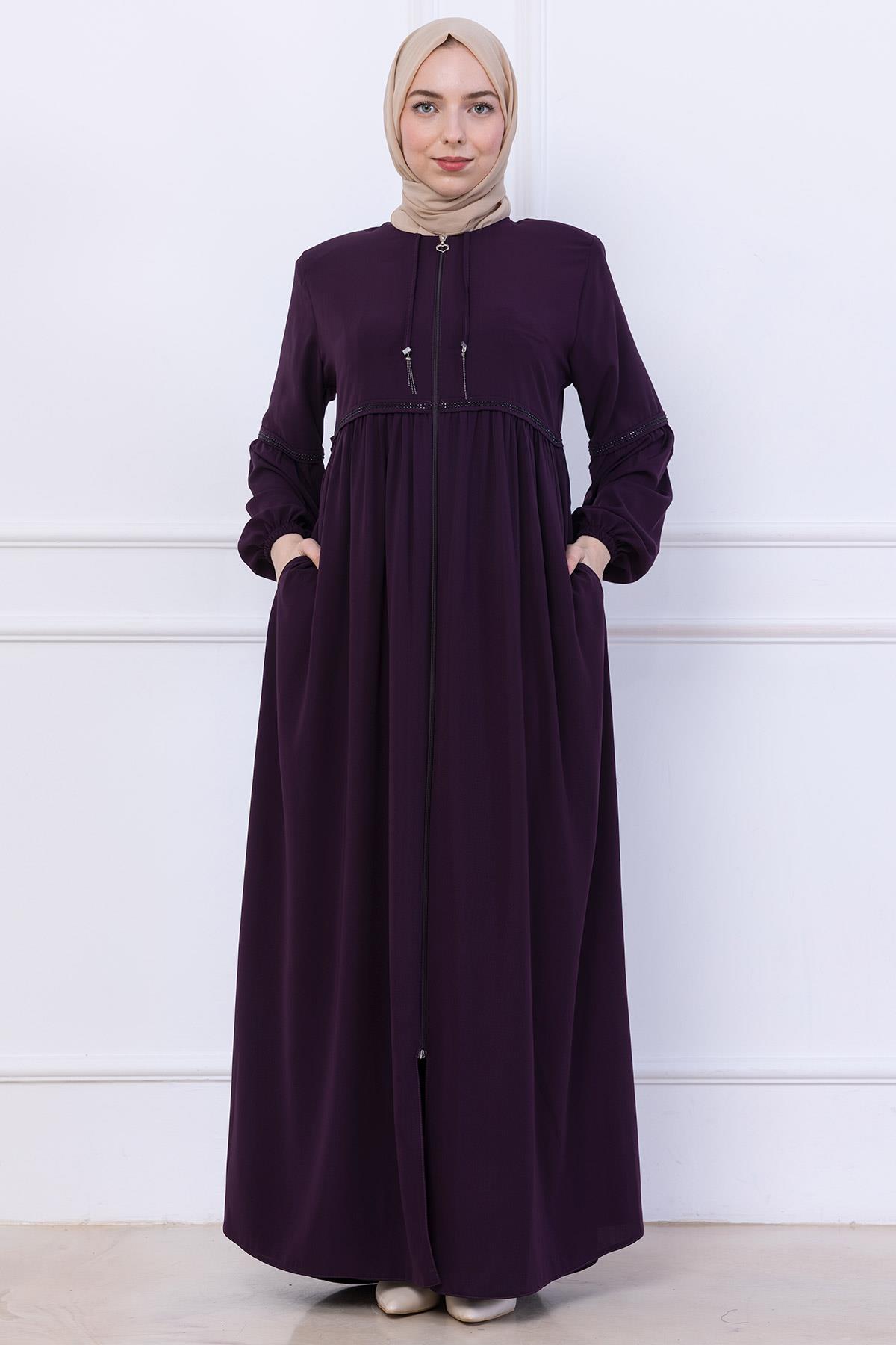 Büzgülü Taşlı Ferace Mürdüm HM2732