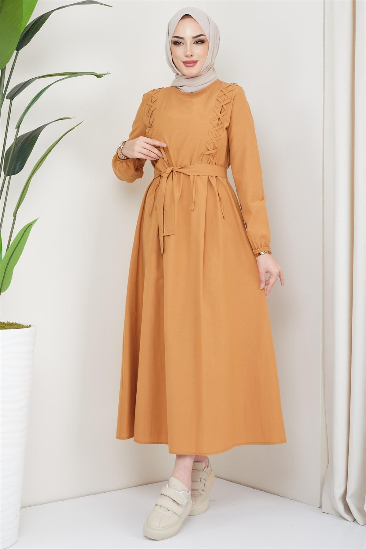 Çapraz Biyeli Tesettür Elbise Camel