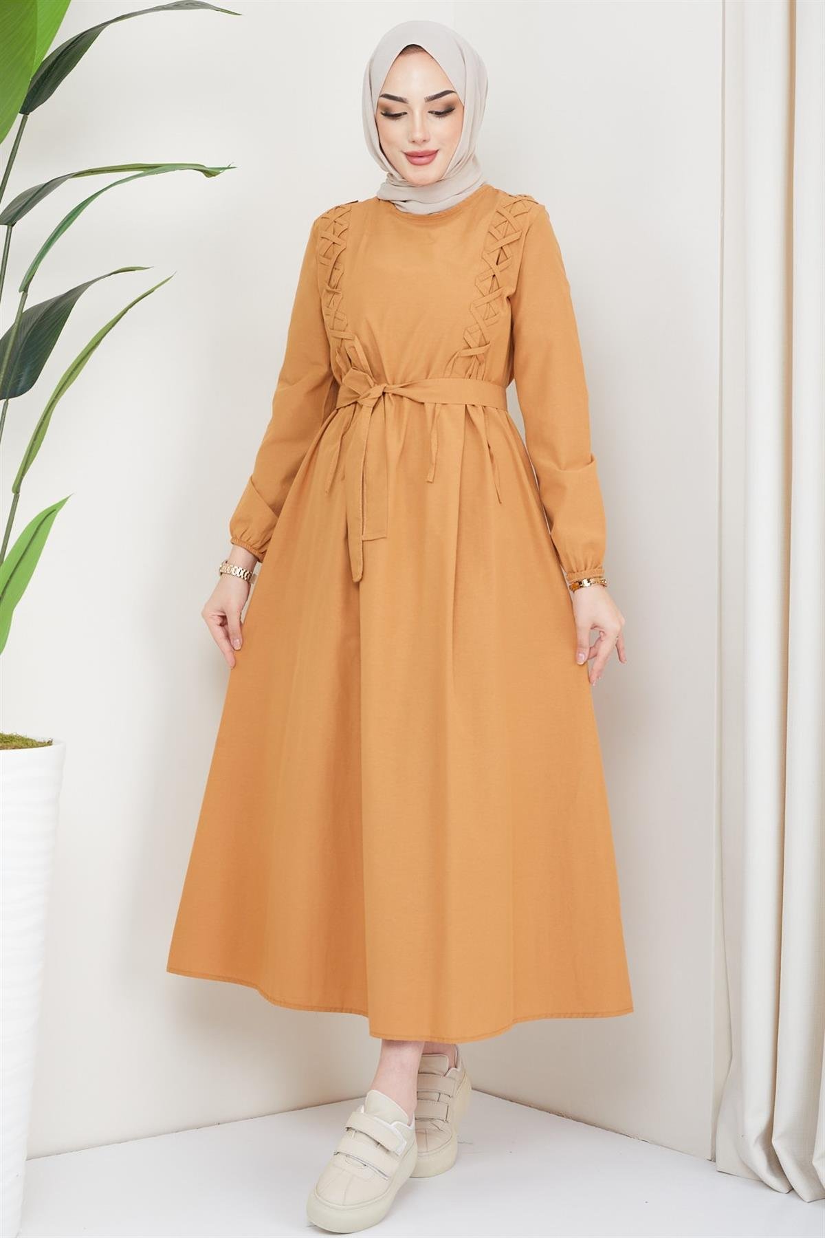 Çapraz Biyeli Tesettür Elbise Camel