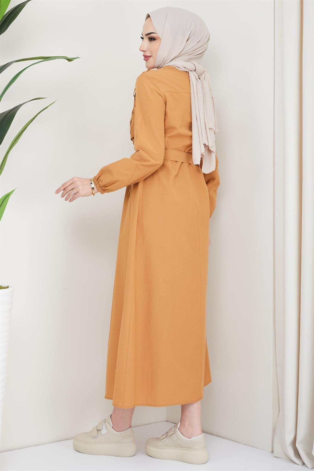 Çapraz Biyeli Tesettür Elbise Camel