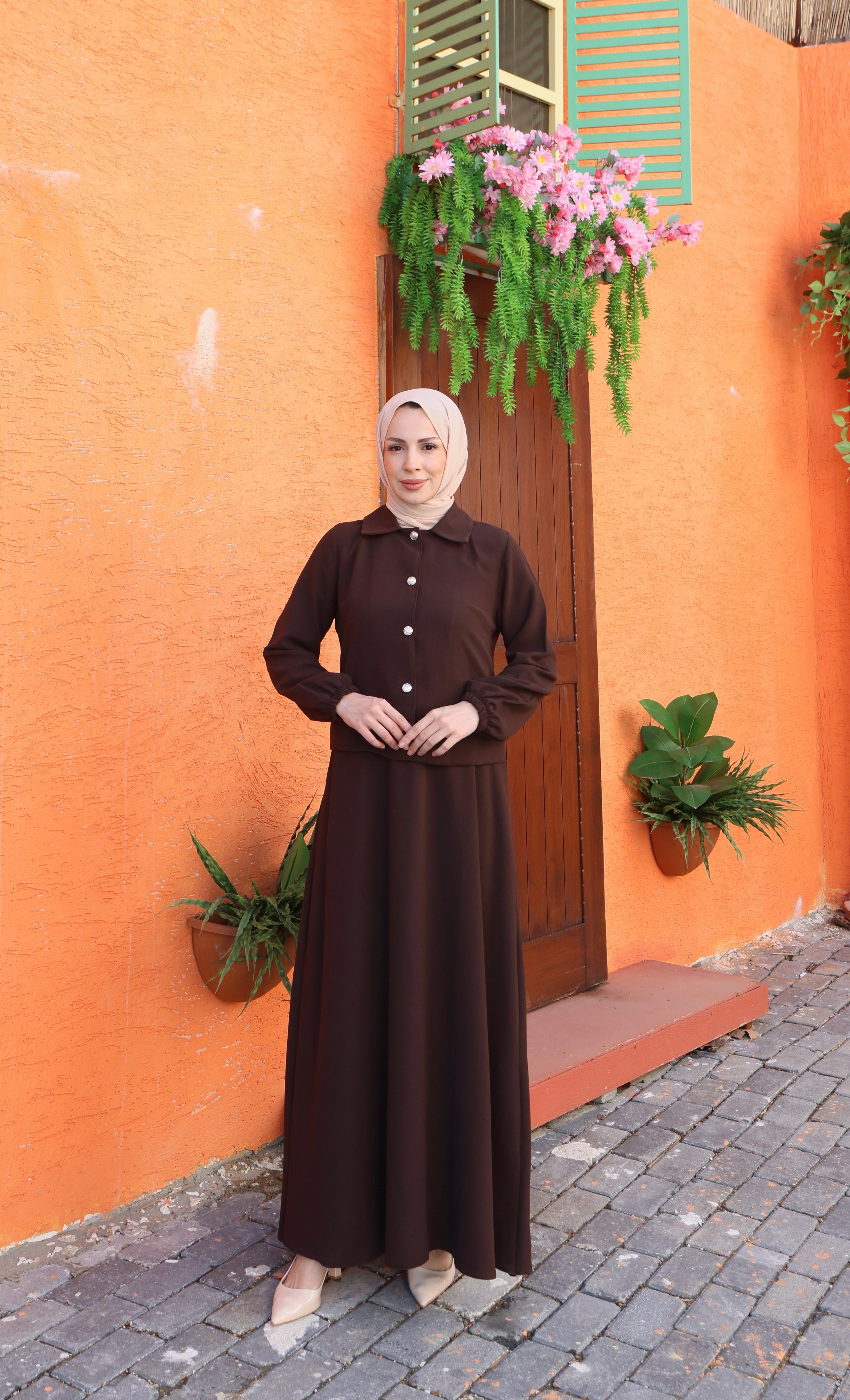 Ceketi Düğmeli Jile Elbise Kahve HNT8590