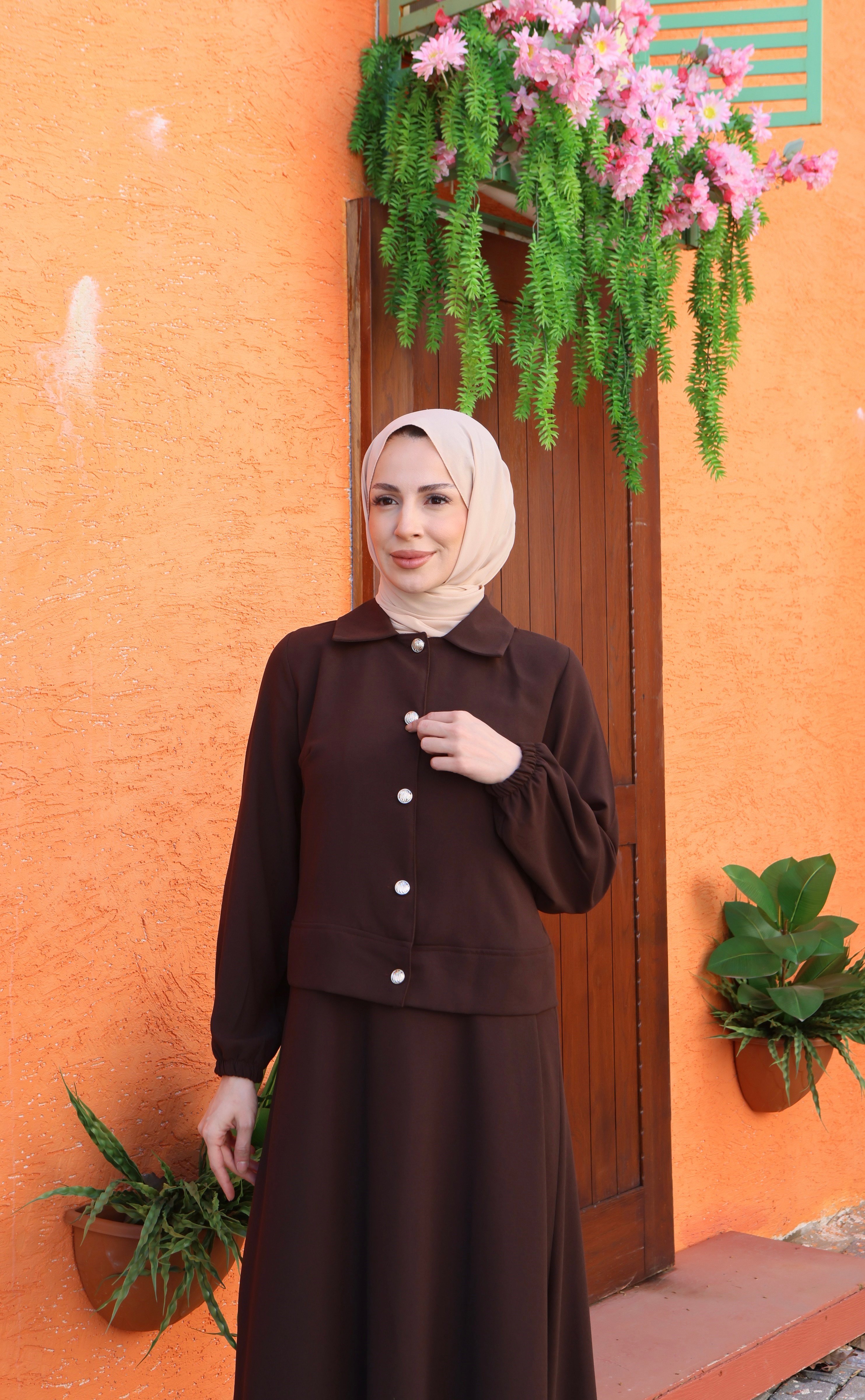 Ceketi Düğmeli Jile Elbise Kahve HNT8590