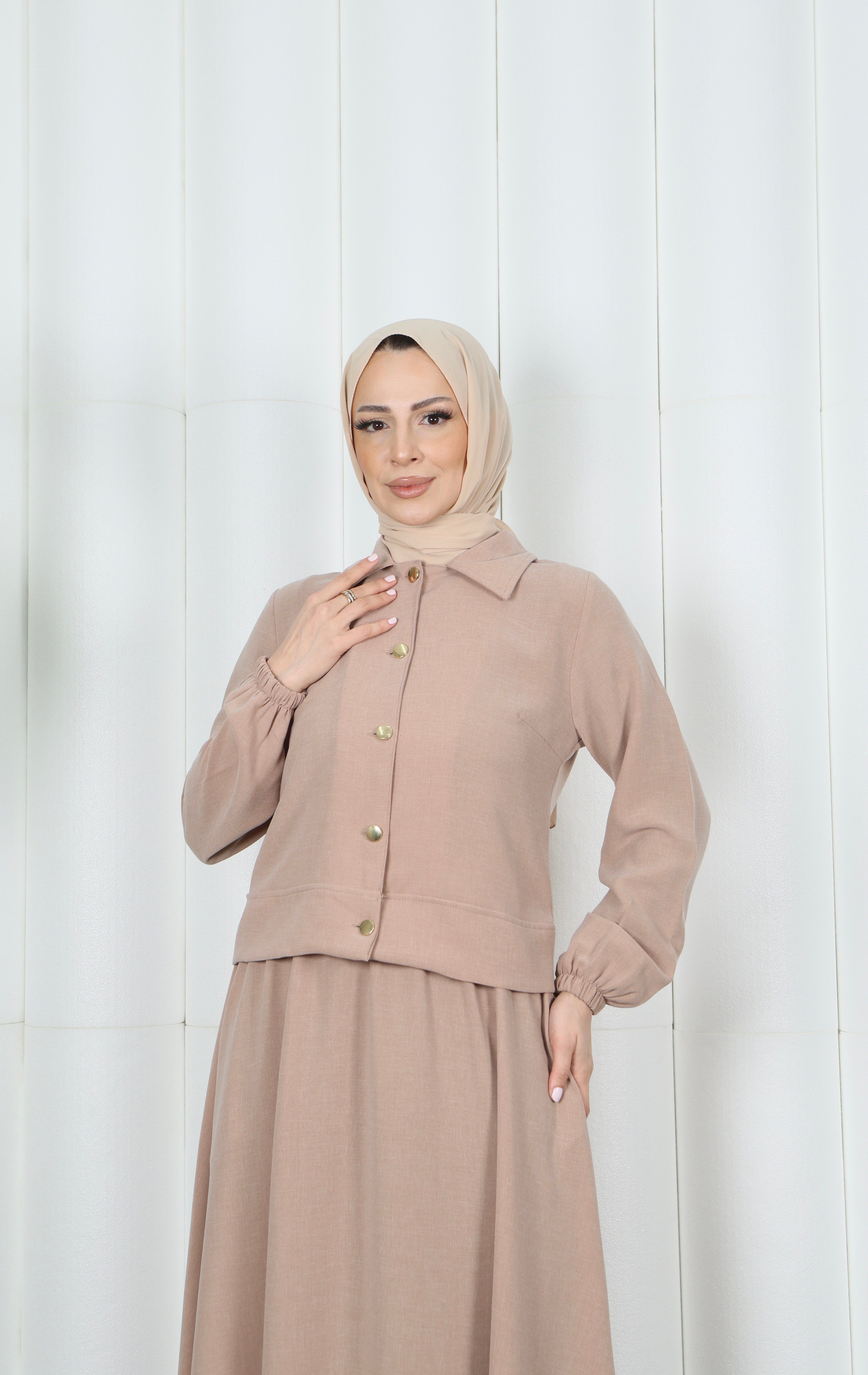 Ceketli Etekli Tesettür İkili Takım Krem   HNT8594