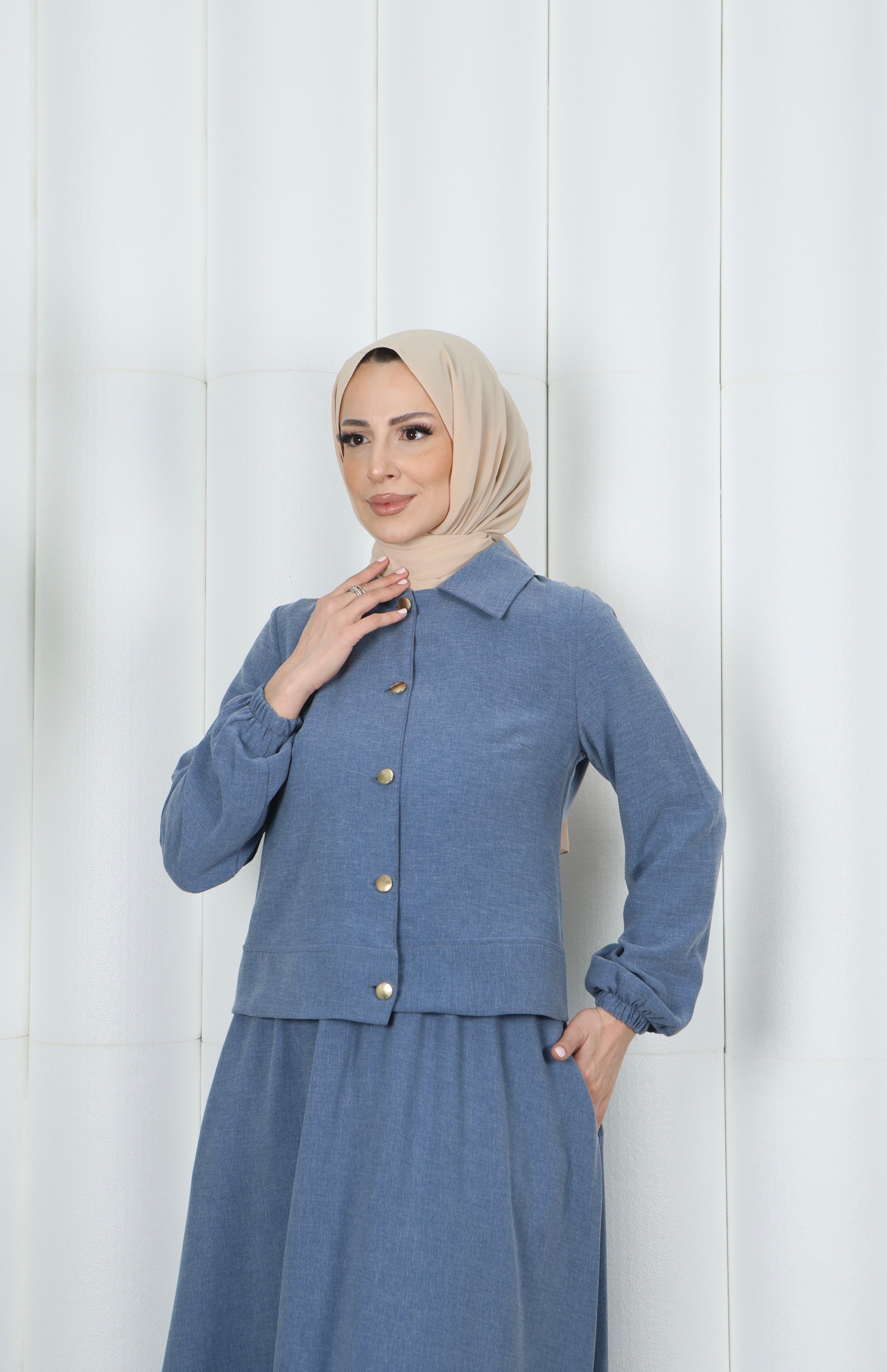 Ceketli Etekli Tesettür İkili Takım Mavi HNT8594