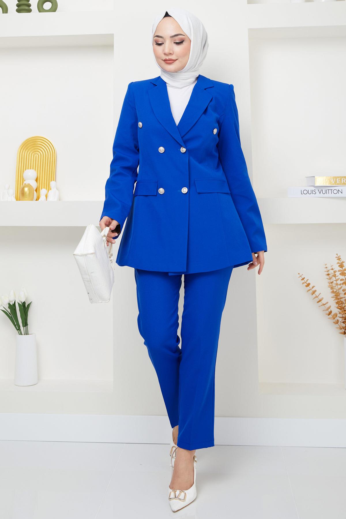 Ceketli İkili Takım Saks HM2376
