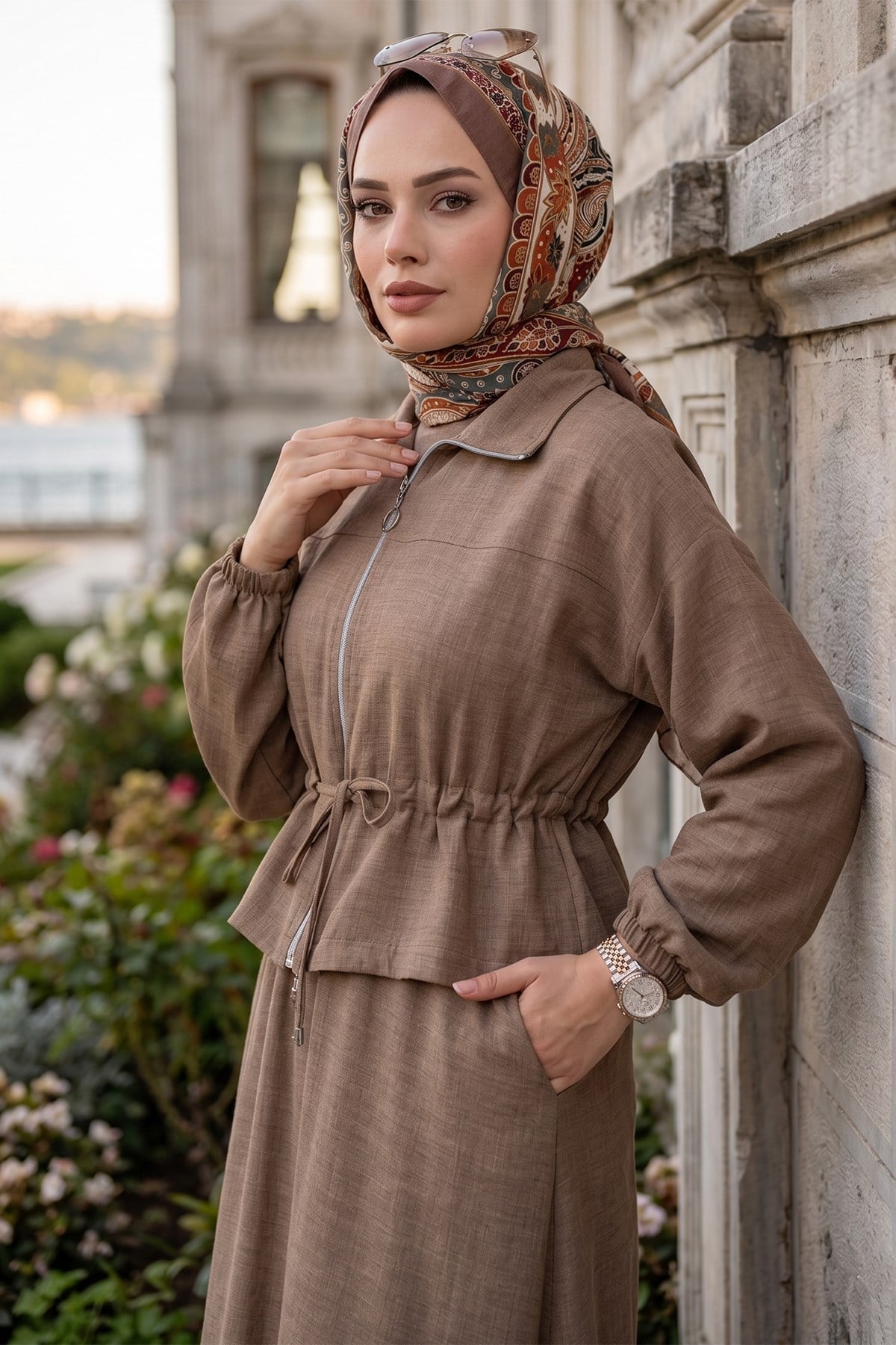 Ceketli Kolsuz Elbiseli İkili Takım Vizon HM2922