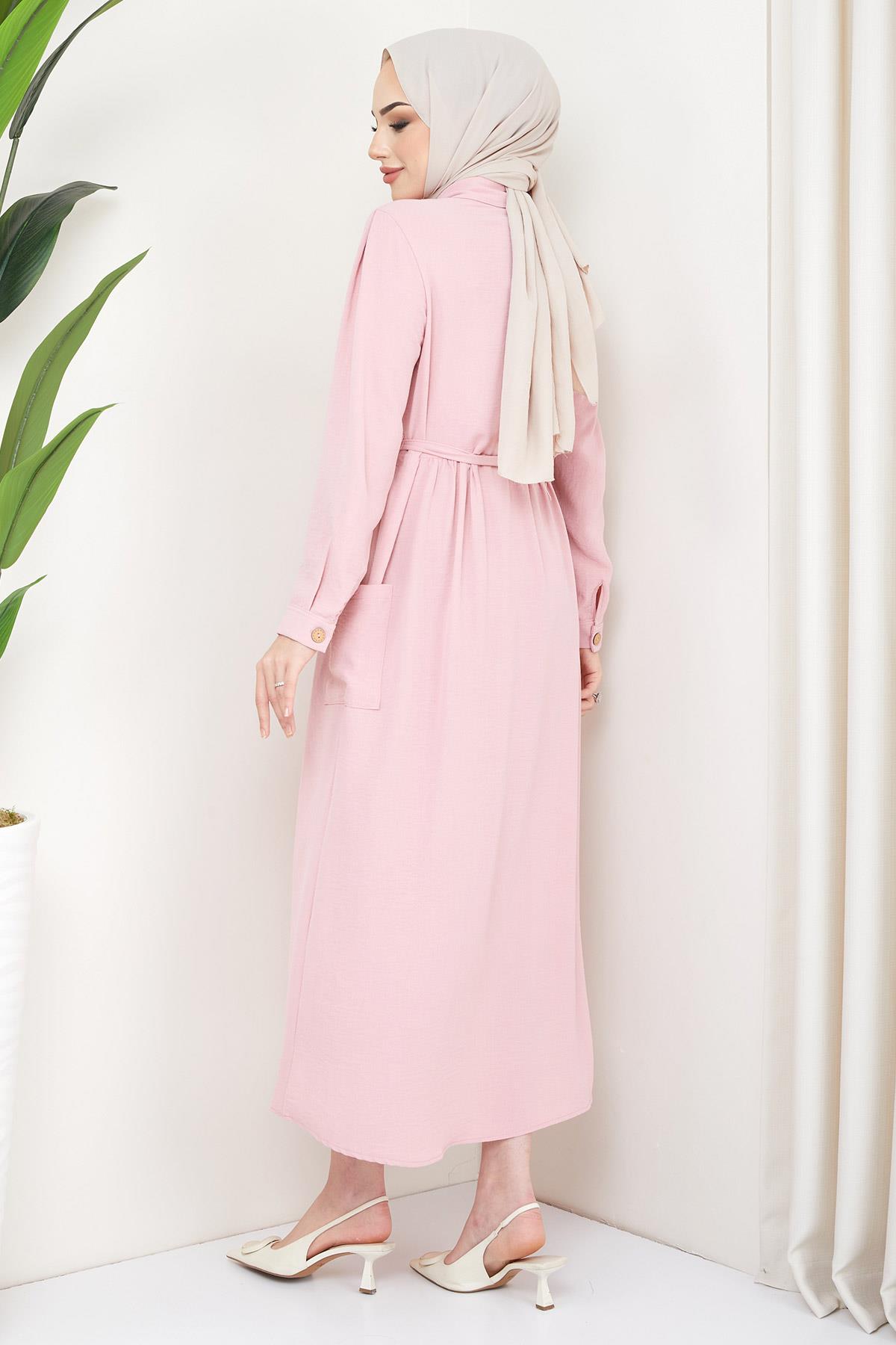 Cepli Düğmeli Tesettür Elbise Pembe