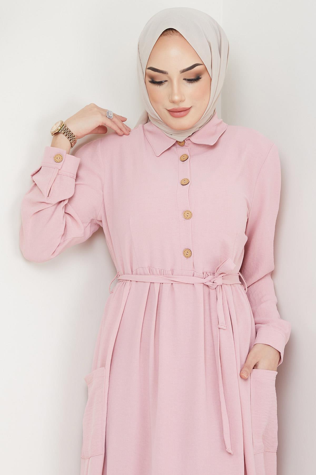 Cepli Düğmeli Tesettür Elbise Pembe