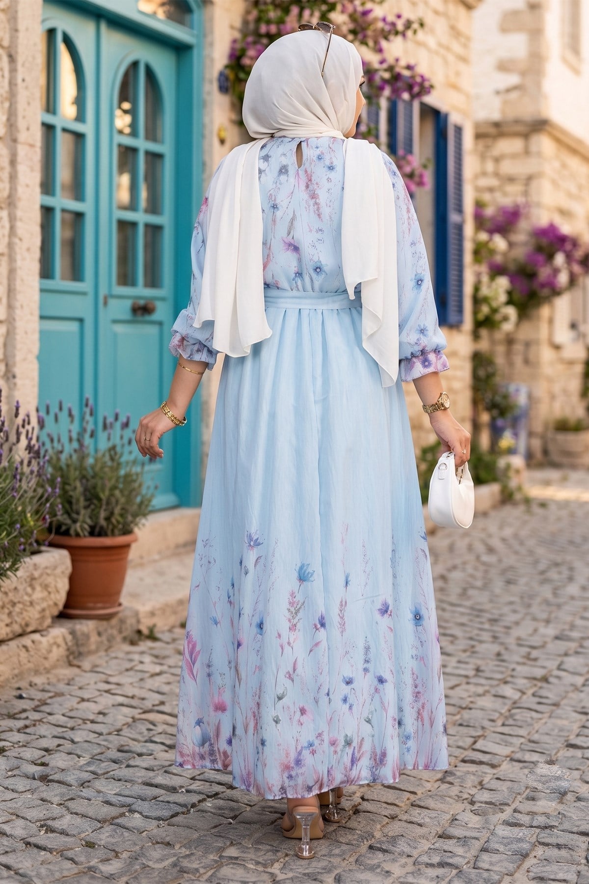 Çiçek Desenli Astarlı Kuşaklı Elbise Mavi HM2923