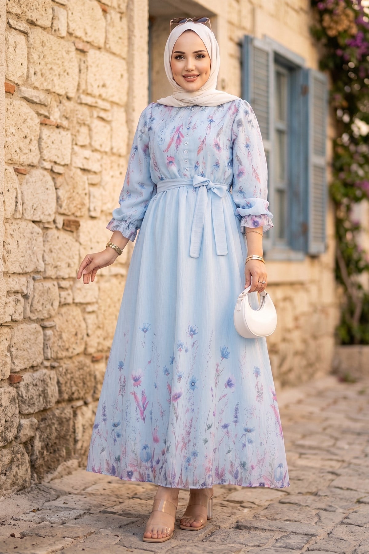 Çiçek Desenli Astarlı Kuşaklı Elbise Mavi HM2923