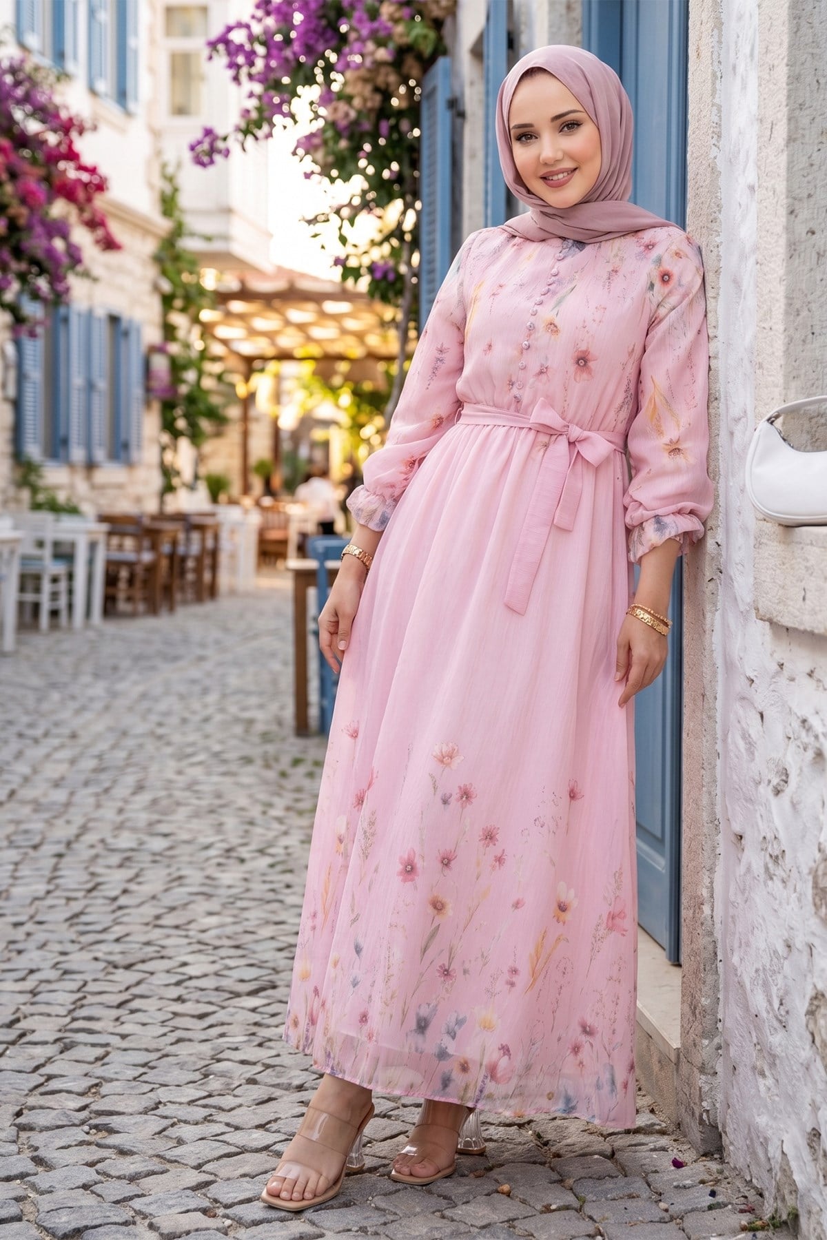 Çiçek Desenli Astarlı Kuşaklı Elbise Pembe HM2923