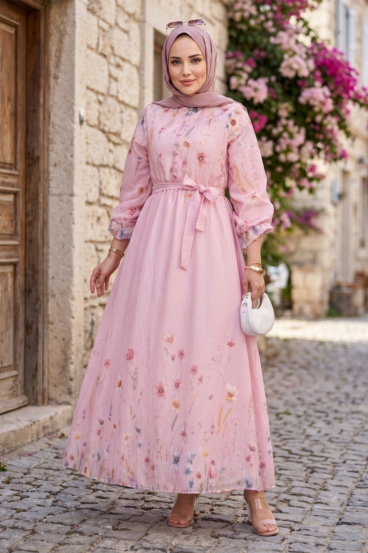 Çiçek Desenli Astarlı Kuşaklı Elbise Pembe HM2923