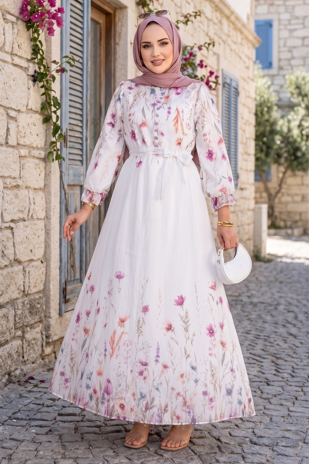 Çiçek Desenli Astarlı Kuşaklı Elbise Siyah HM2923