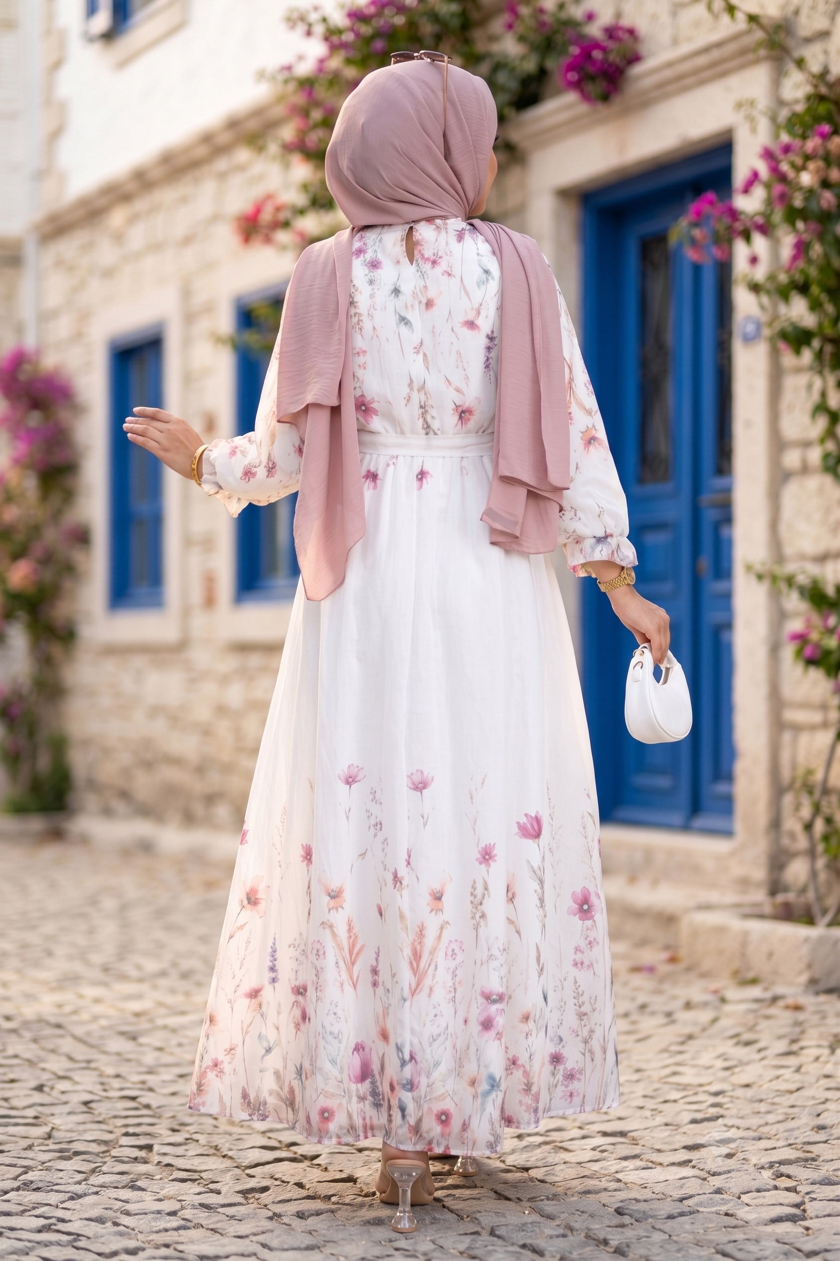 Çiçek Desenli Astarlı Kuşaklı Elbise Siyah HM2923