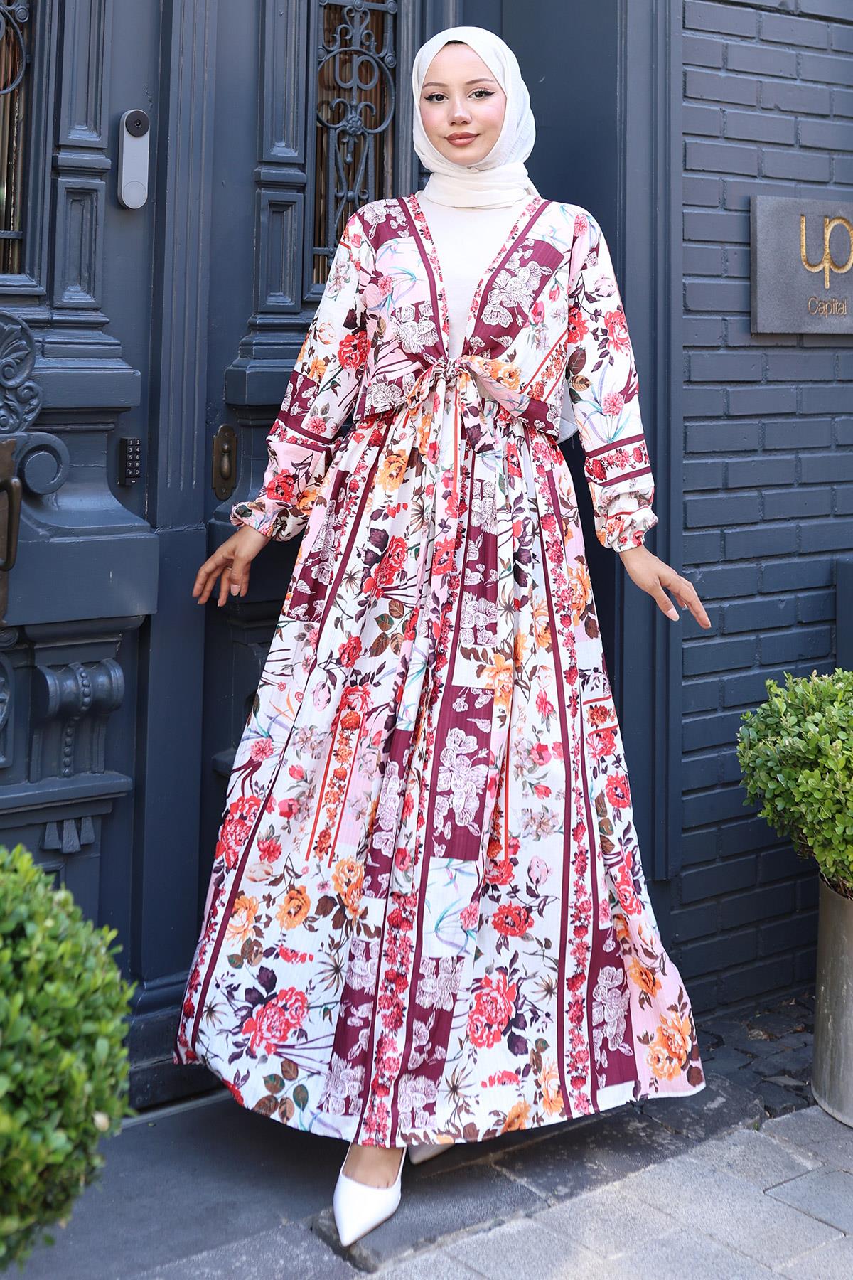 Çiçek Desenli Bağlamalı Etekli Takım Pembe HM2768
