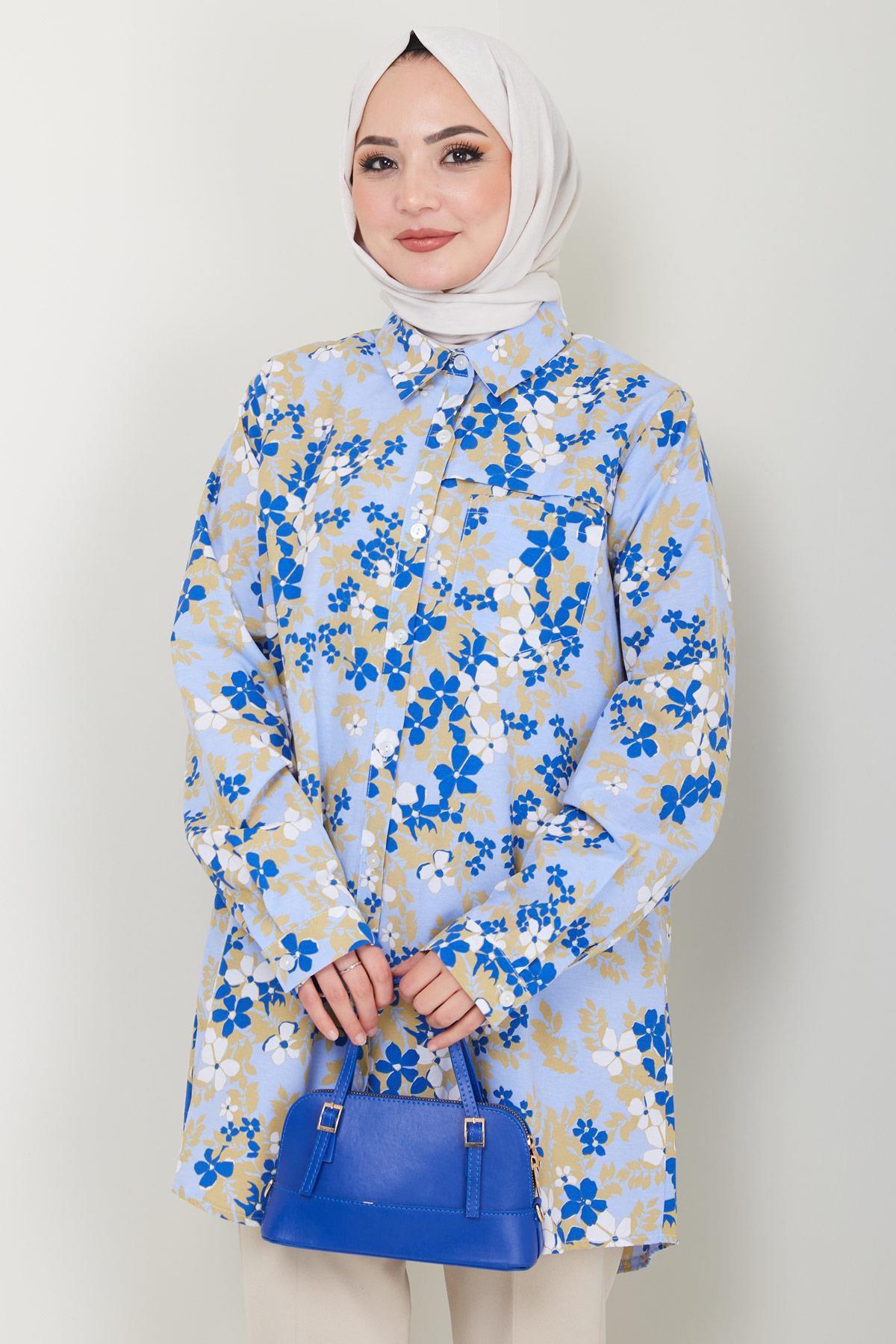 Çiçek Desenli Cepli Büyük Beden Tunik Mavi HM2415