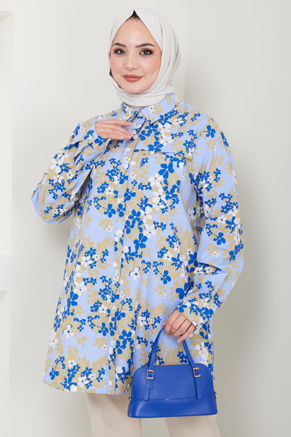Çiçek Desenli Cepli Büyük Beden Tunik Mavi HM2415