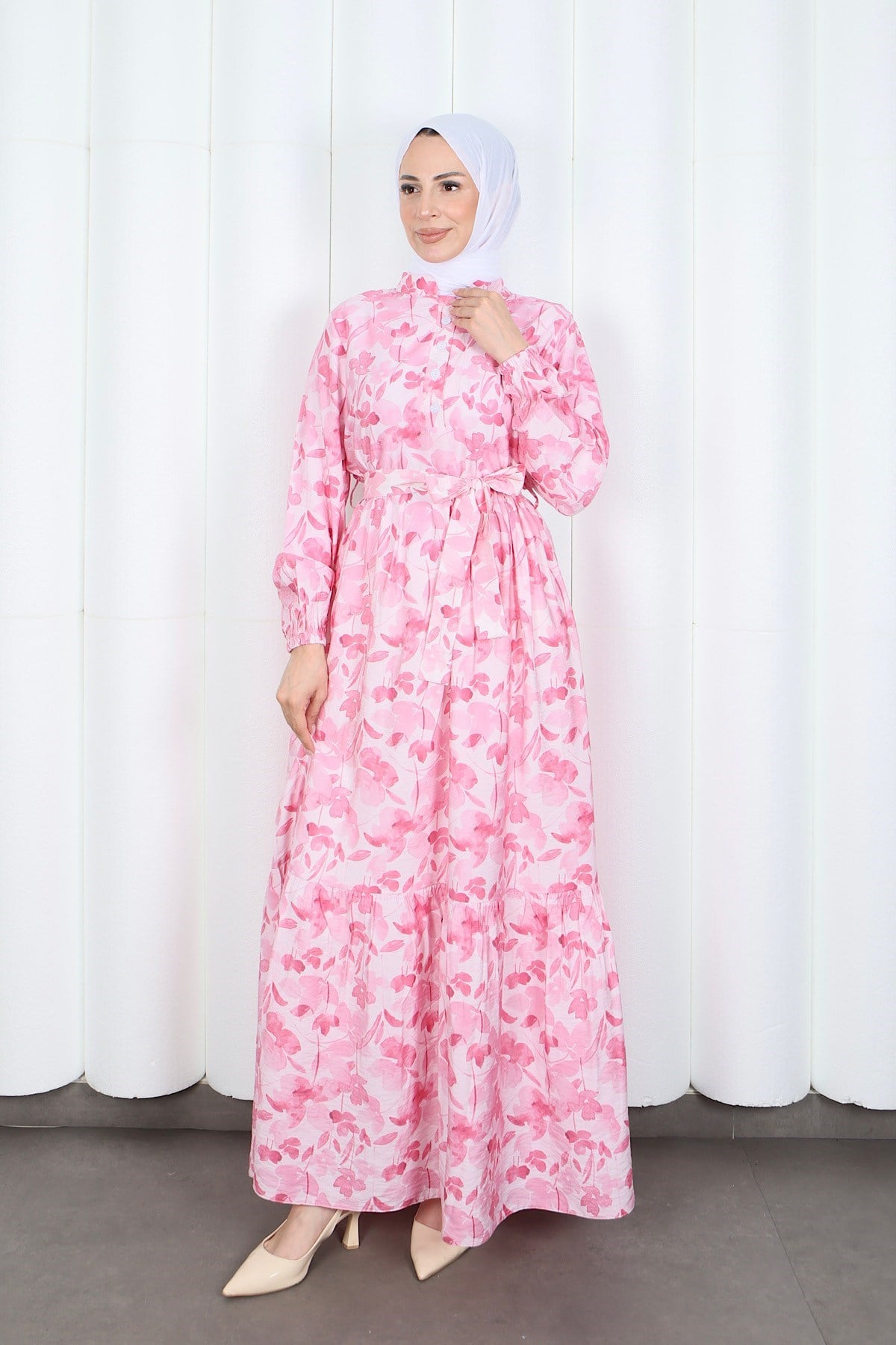 Çiçek Desenli Yarım Düğmeli Modal Desenli Elbise Pembe  7014-1