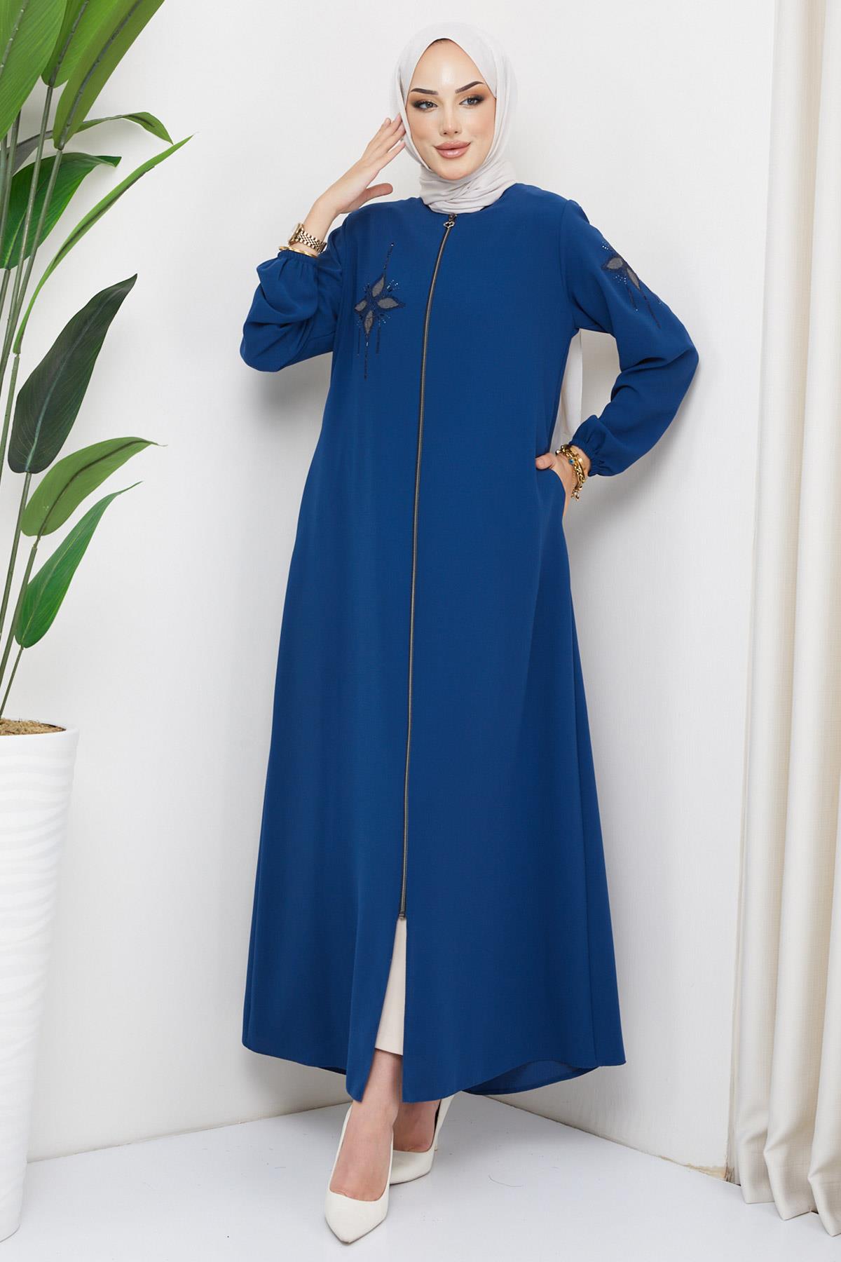 Çiçek Taşlı Ferace İndigo HM2302